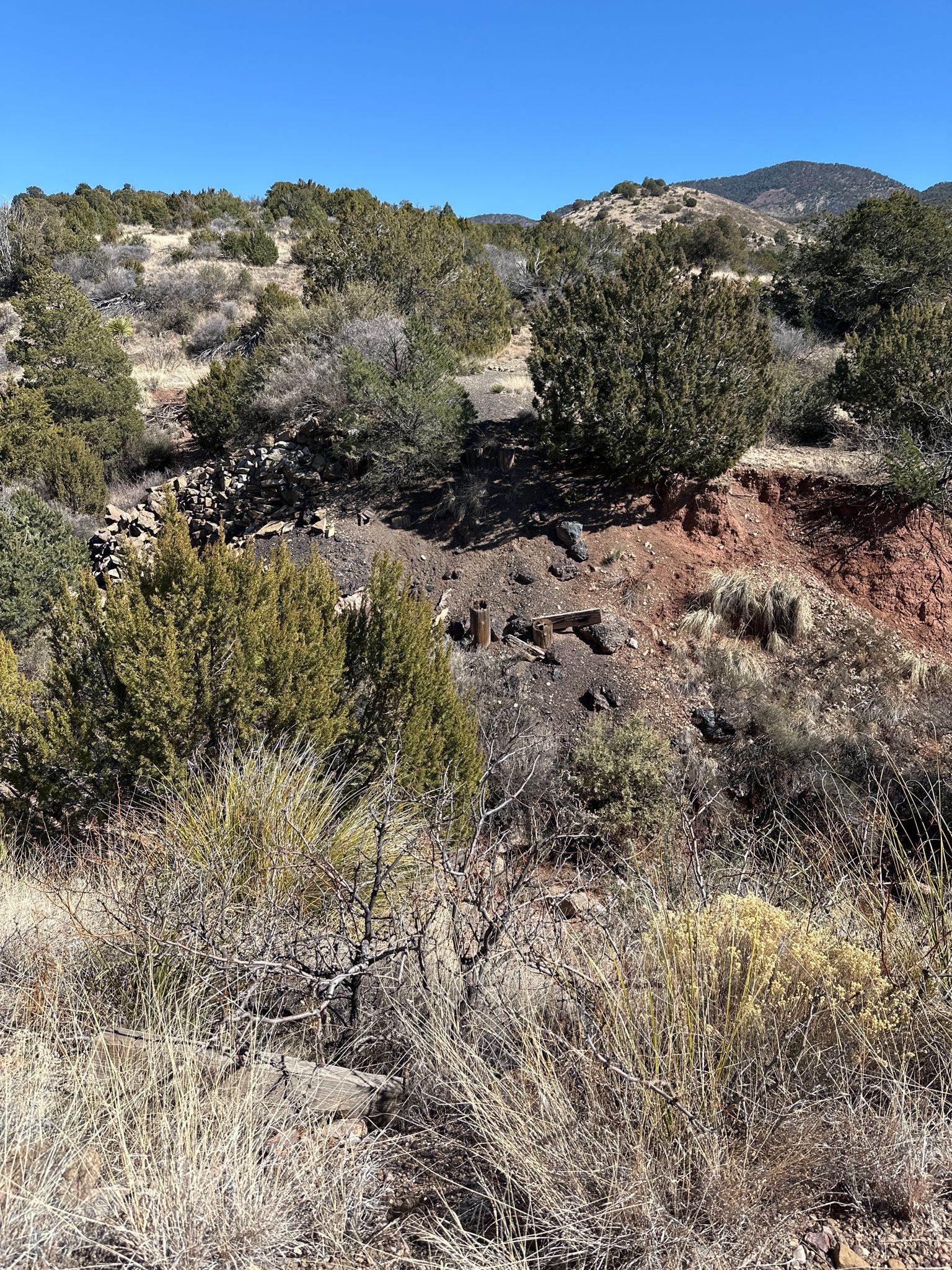 An arid, hilly landscape with sparse trees and red earth under a clear blue sky. - Hiking loop from High Rolls