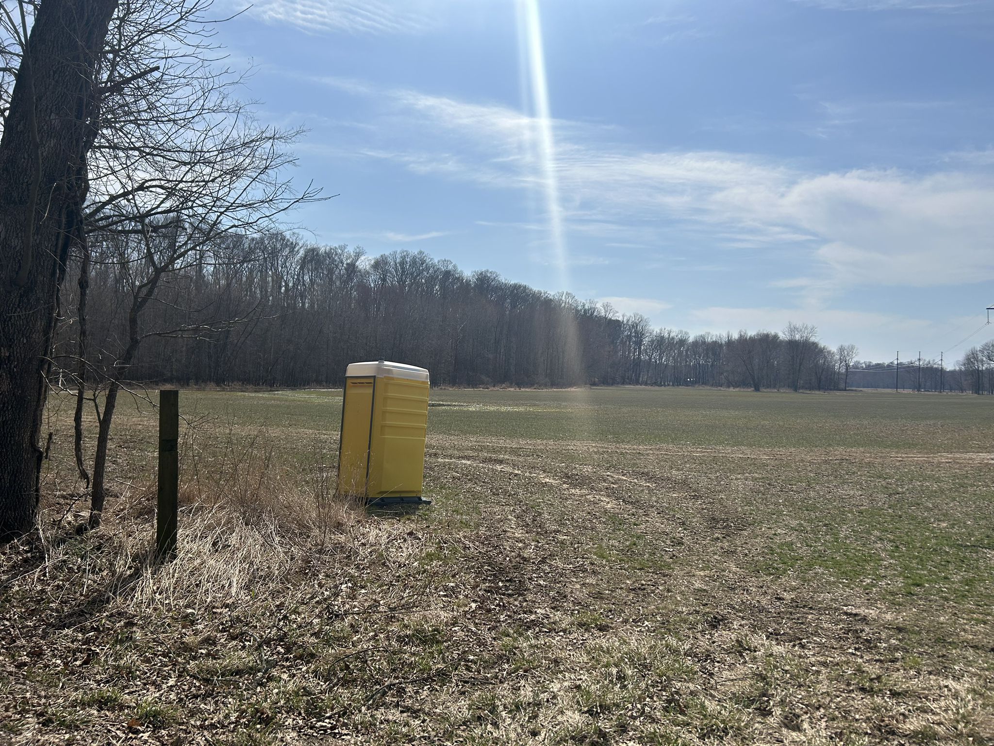 Yellow portable toilet in a sunny, dry field next to bare trees. - Hilly Hundred Loop