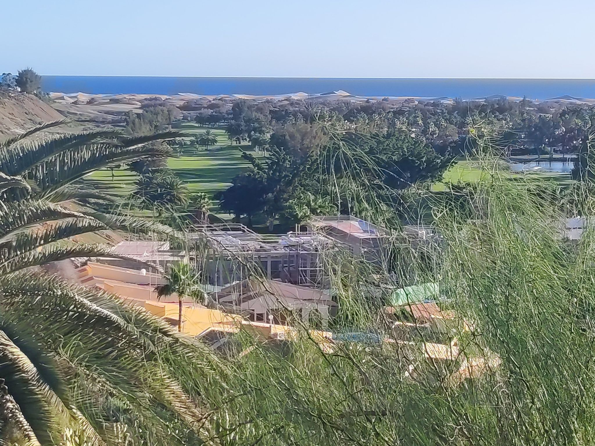 Aussichtspunkt auf Golfplatz mit Dünen im Hintergrund