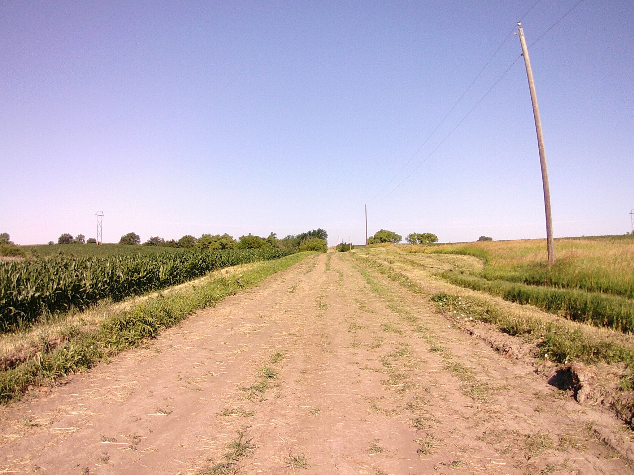 A long dirt road stretches through green fields under a clear blue sky. - Lincoln Children's Zoo – Rock Island Trail loop from Yankee Hill Precinct