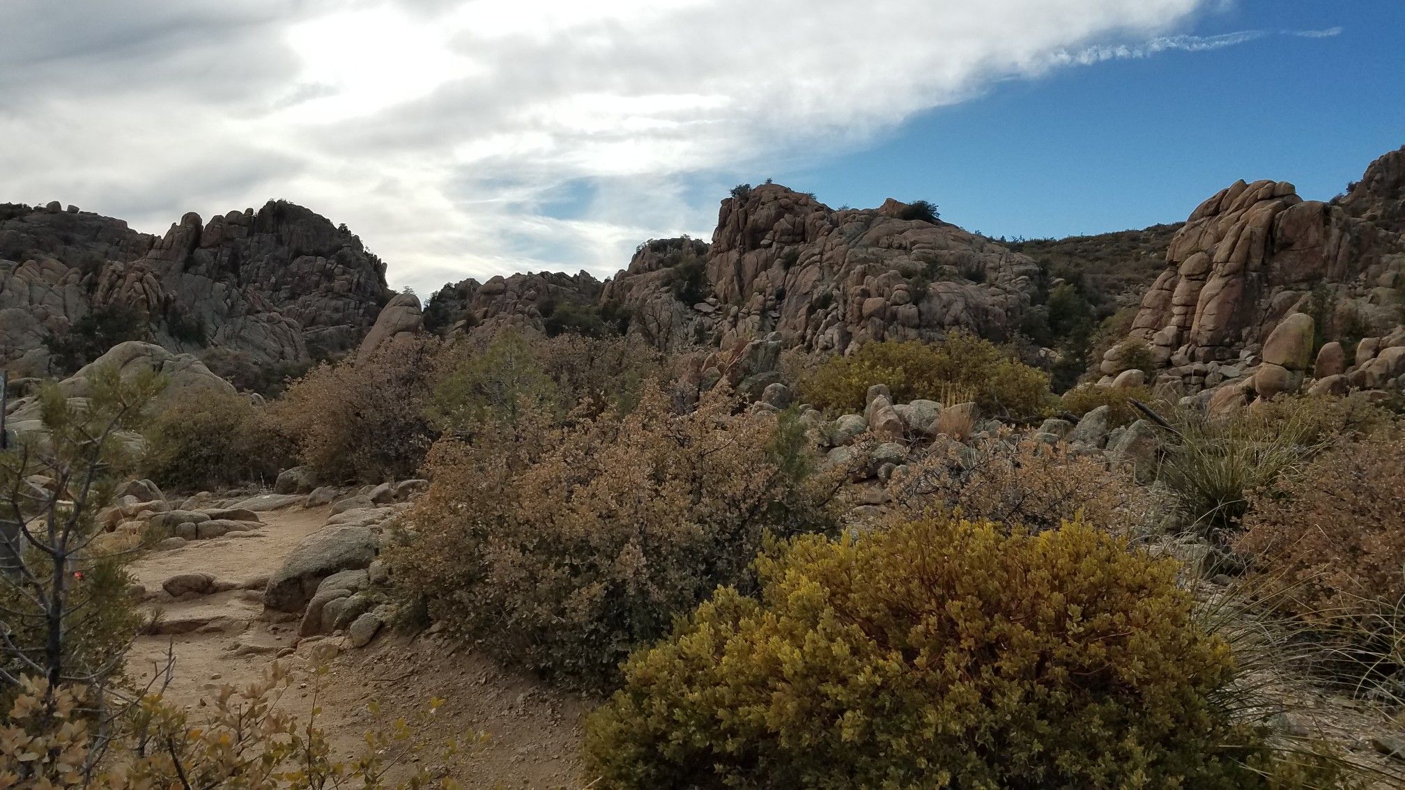 Rocky landscape with many boulders and low shrubs under a cloudy sky. - Constellation Trails Memorial loop from Phippen Museum of Western Art