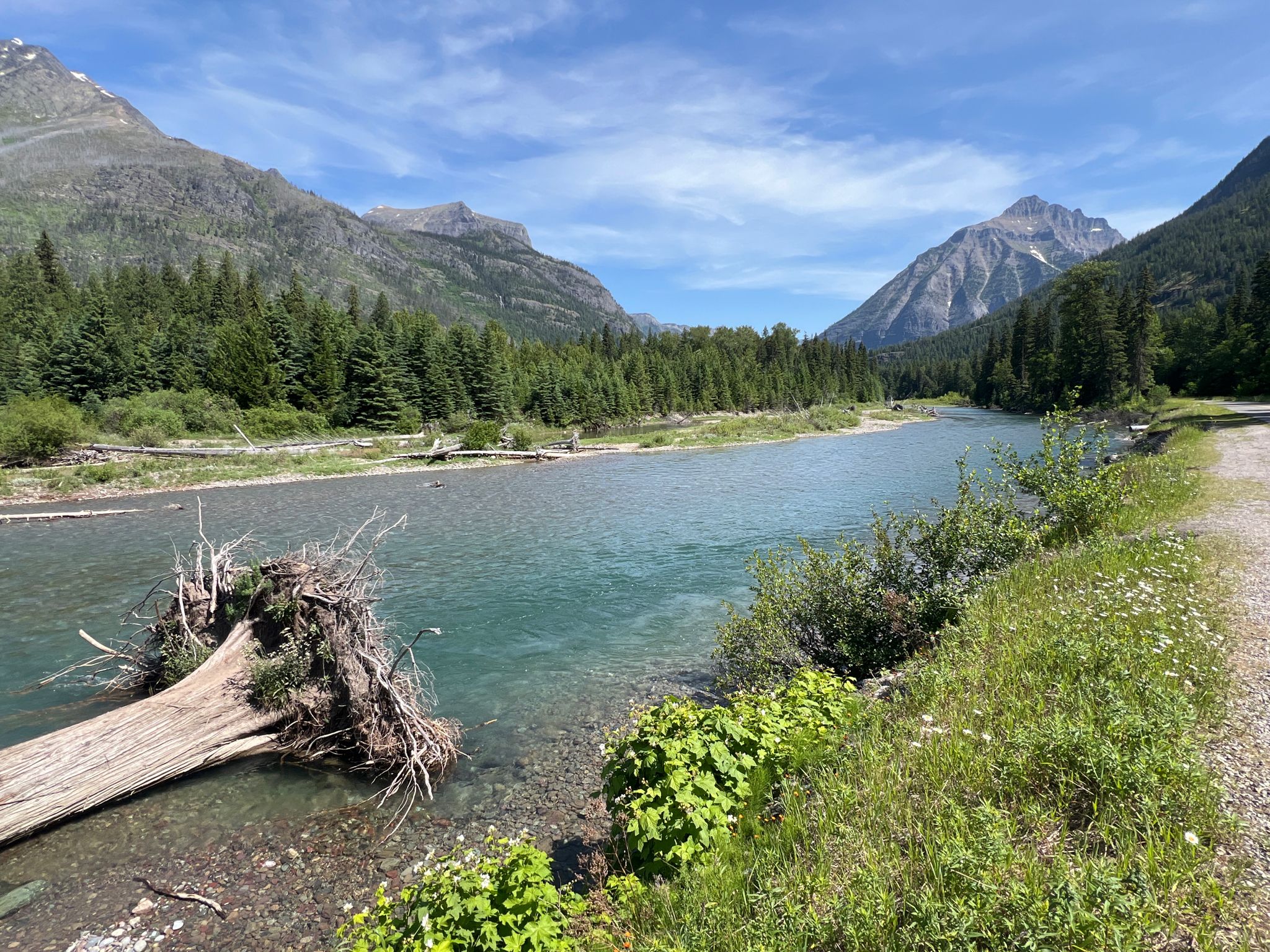 Clear river flows through a valley with forested mountains under a bright sky. - McDonald Creek Overlook via Going-to-the-Sun-Road