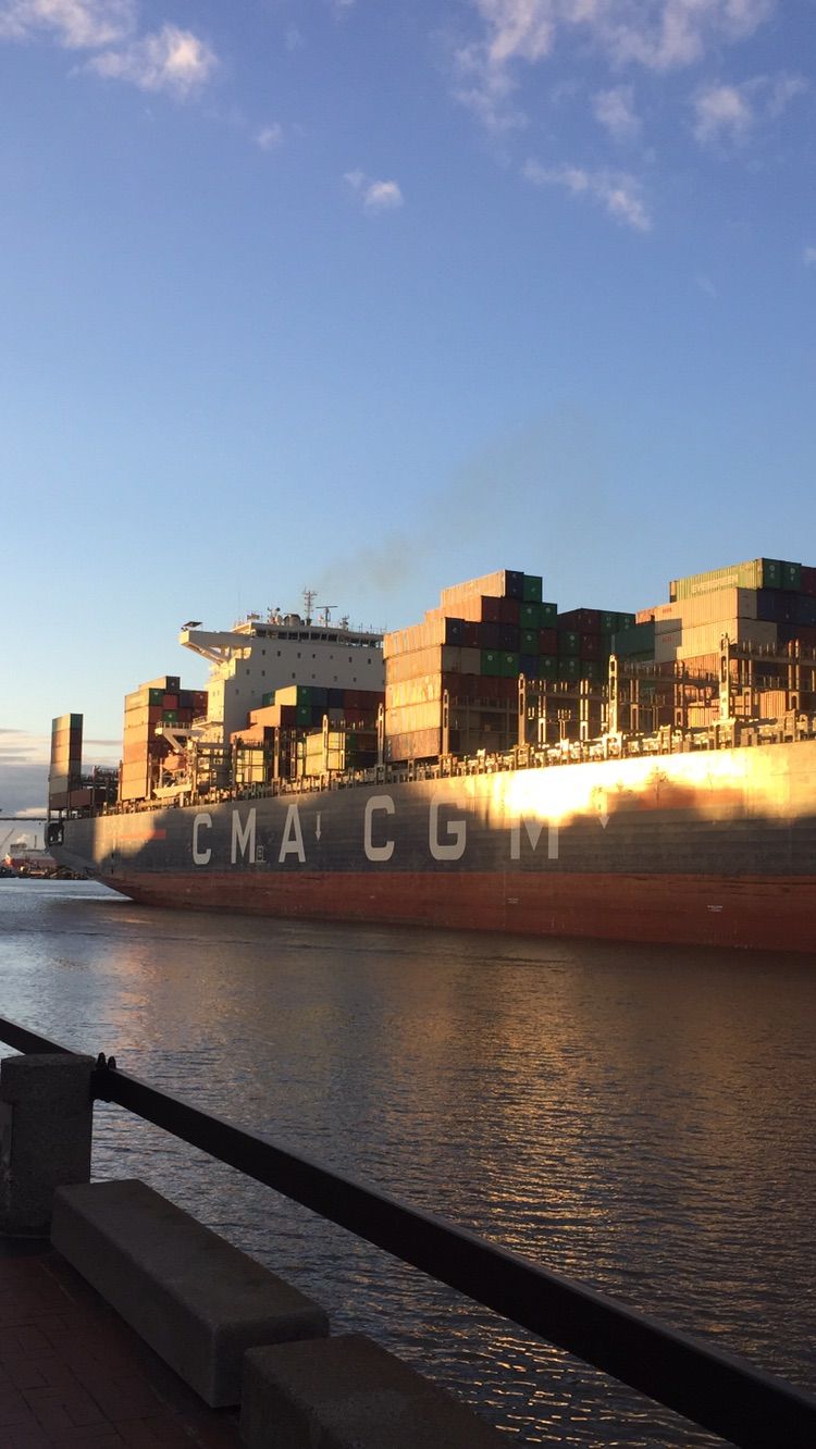 Huge container ship on a river, illuminated by golden sunset light. - City Market, Savannah – Wright Square loop from Savannah