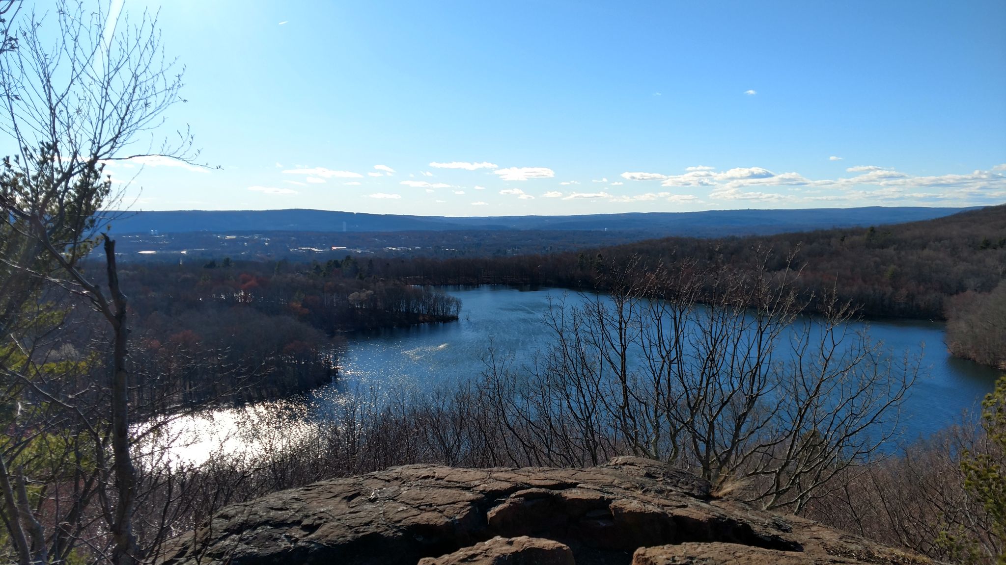 Sunny overlook of a blue lake surrounded by vast, bare forest. - Crescent Lake Loop