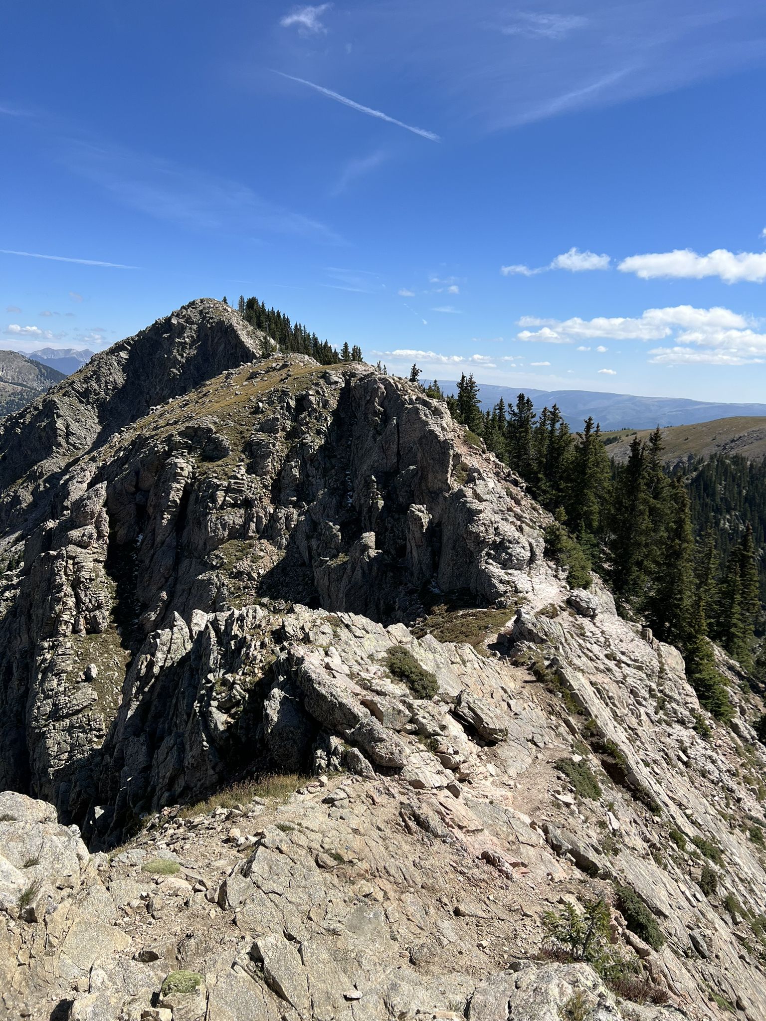 A rugged mountain ridge with evergreen trees under a bright blue sky. - Santa Fe Overlook and Lake Peak Loop
