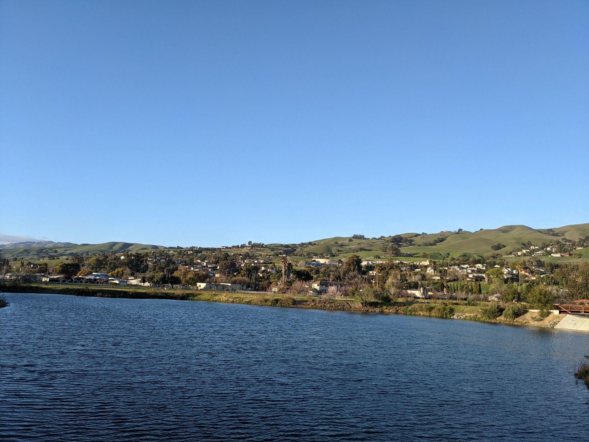 Wide blue lake with a distant town and green hills under a clear sky. - Penitencia Creek Trail