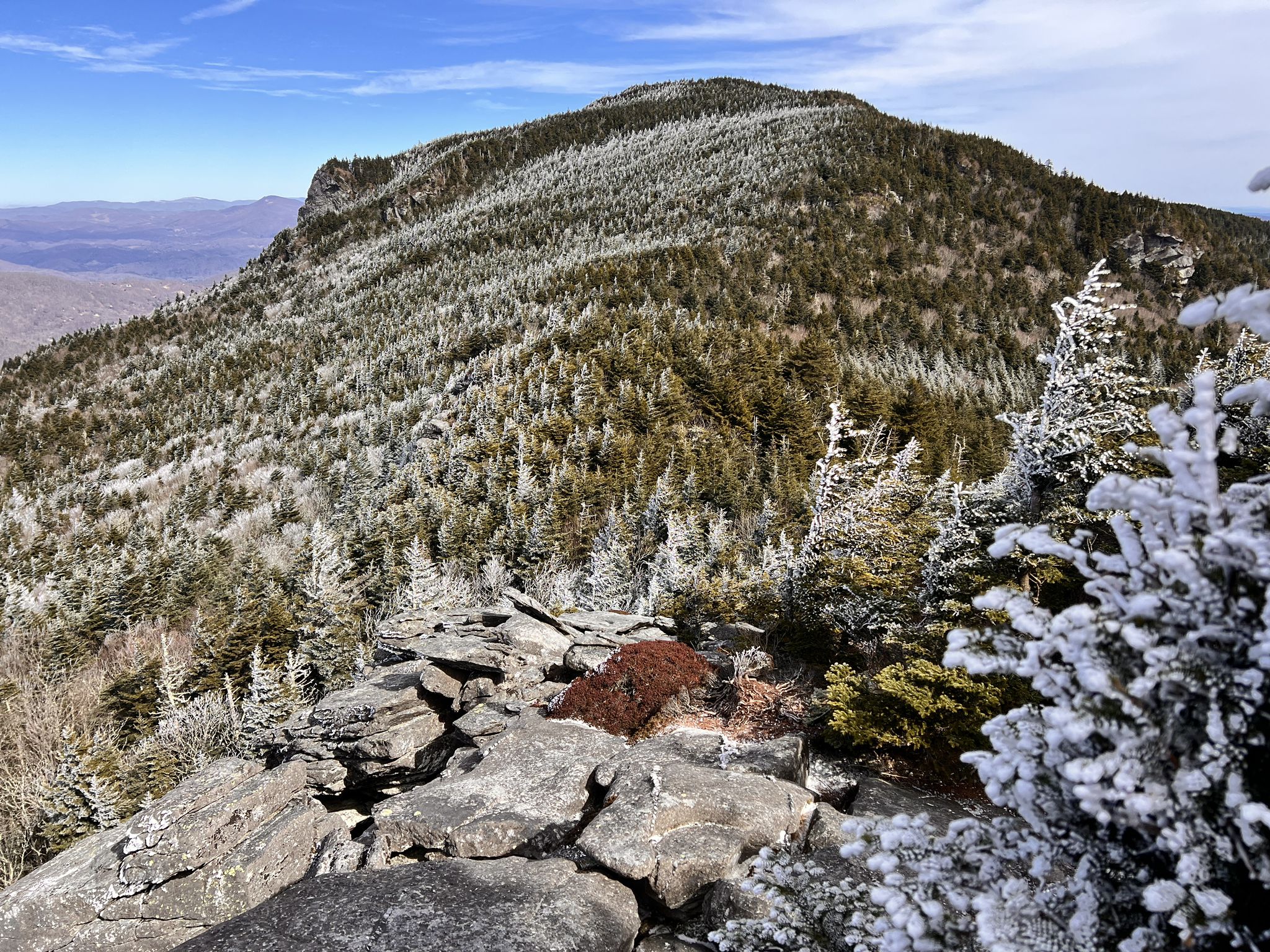 Snow-dusted mountain peak and forest under a clear blue sky. - Grandfather Trail