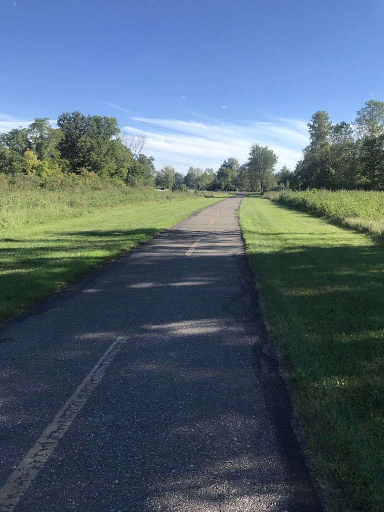 Paved path winding through green fields under a bright blue sky. - Willow Metro Park loop from Woodhaven High School