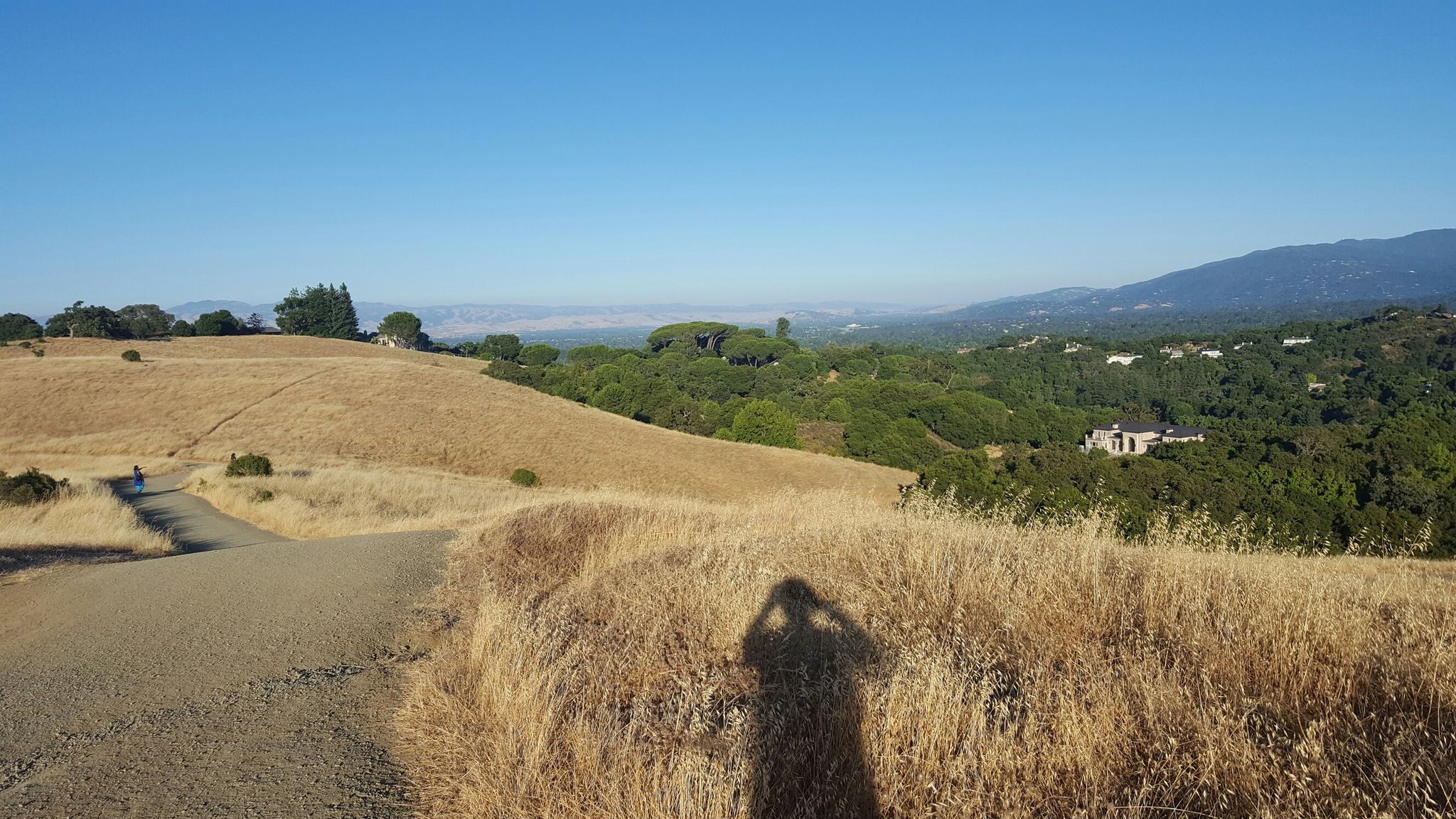 Long shadow of a person on a golden hillside with a distant valley view. - Stevens Creek Reservoir – View from Maisie's Peak loop from De Anza College