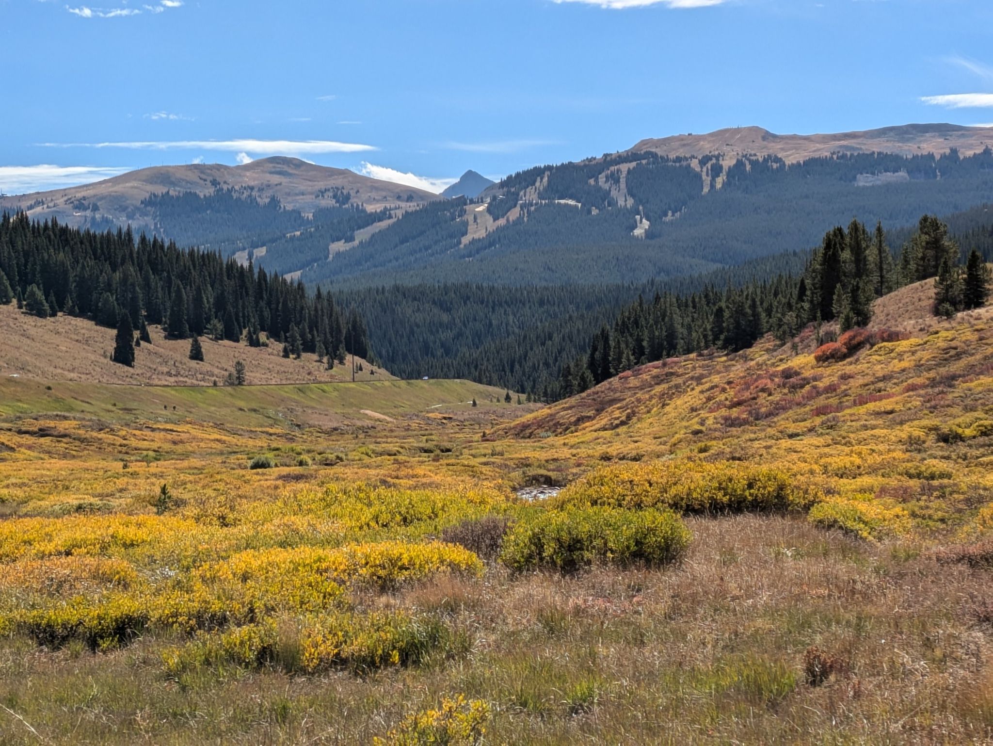 Wide valley with golden and green autumn foliage, pine forests, and distant mountains. - Copper Mountain – Vail Pass loop from Frisco