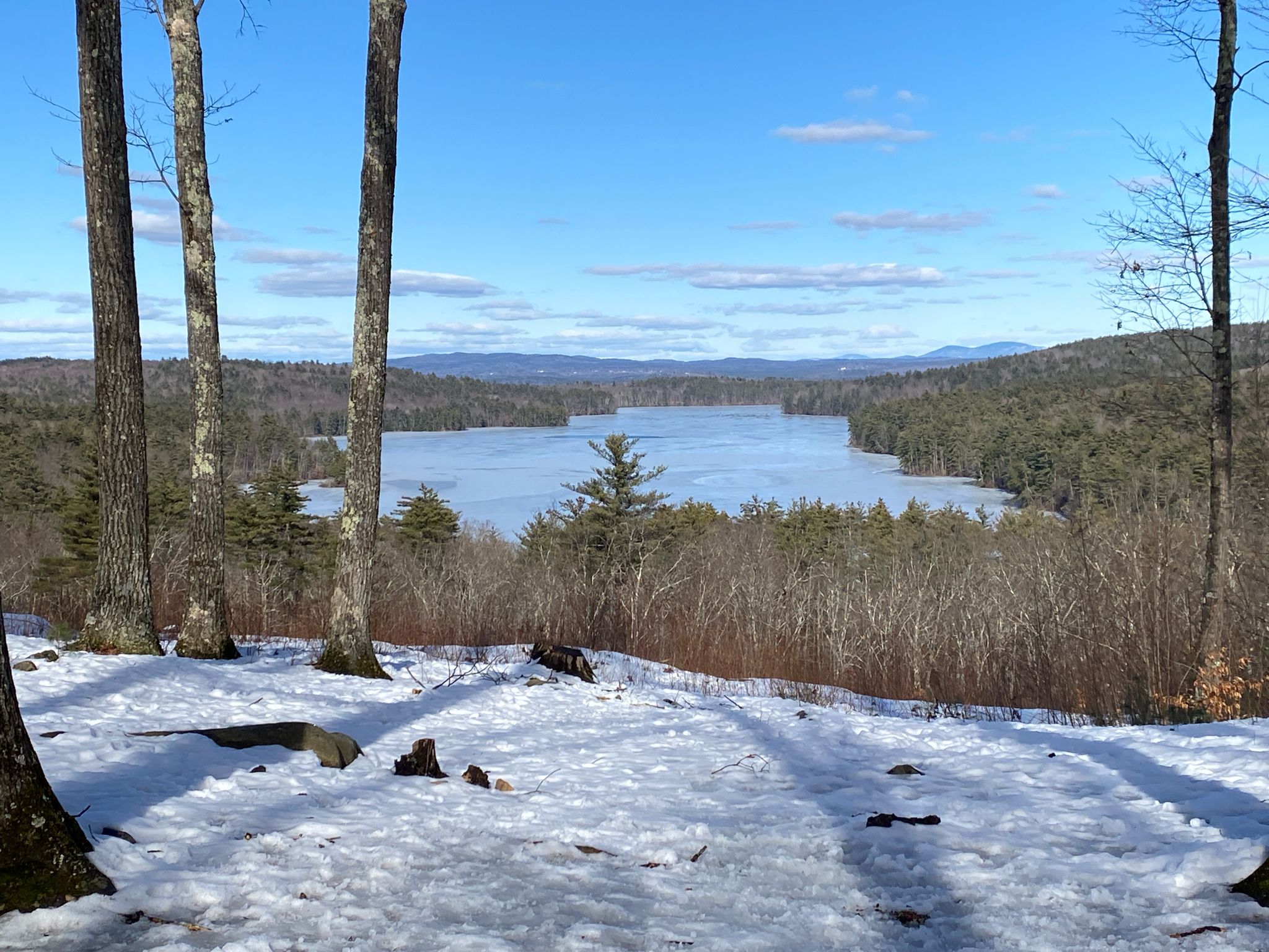 A snowy forest clearing overlooking a frozen lake under a bright blue sky. - Jerry Hill loop from Saint Pauls School