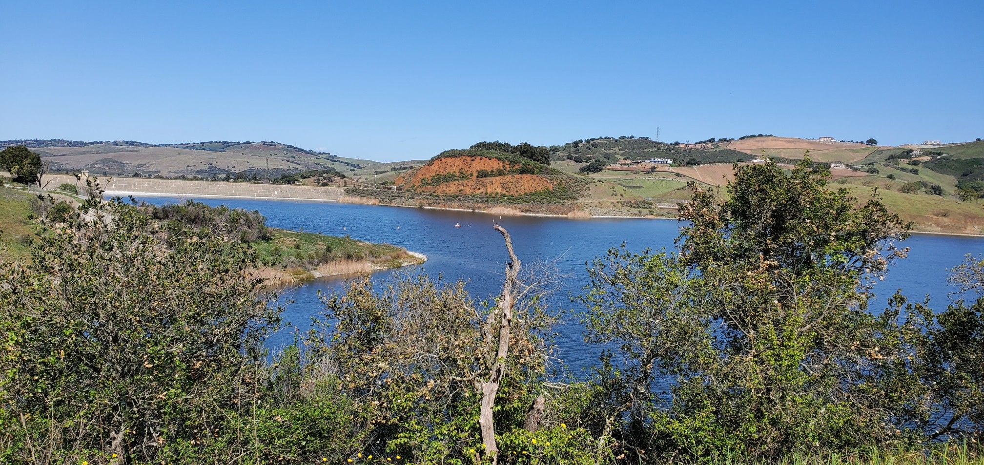 Wide view of a blue lake surrounded by green and brown rolling hills. - Lisa Killough and Cottle Trail Loop
