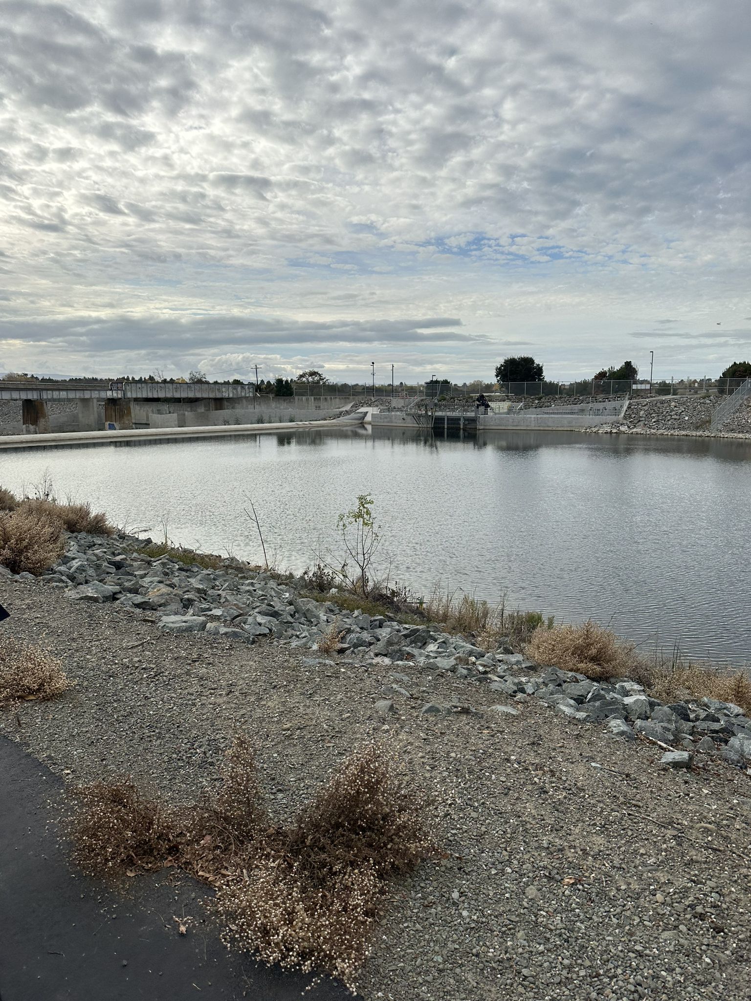 Wide body of water with a distant bridge structure under an overcast sky. - Garin Regional Park loop