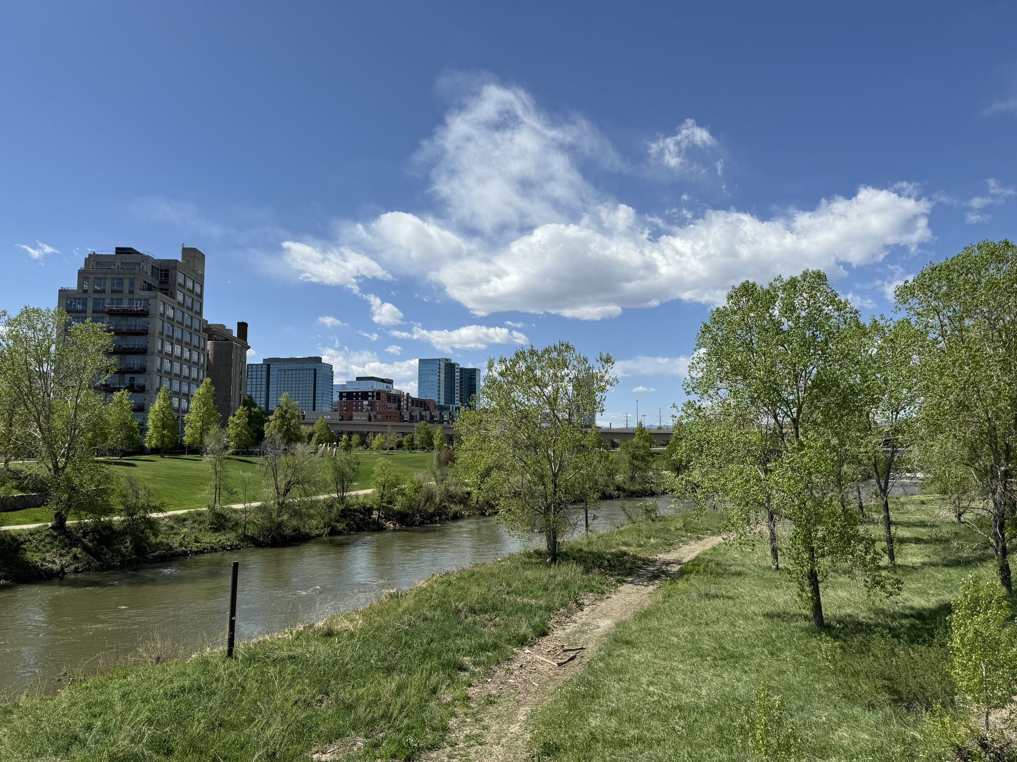 Sunny view of a river flowing past green banks and a city skyline. - Cherry Creek Trail – Bluff Lake Park loop from 2nd Avenue & Abilene