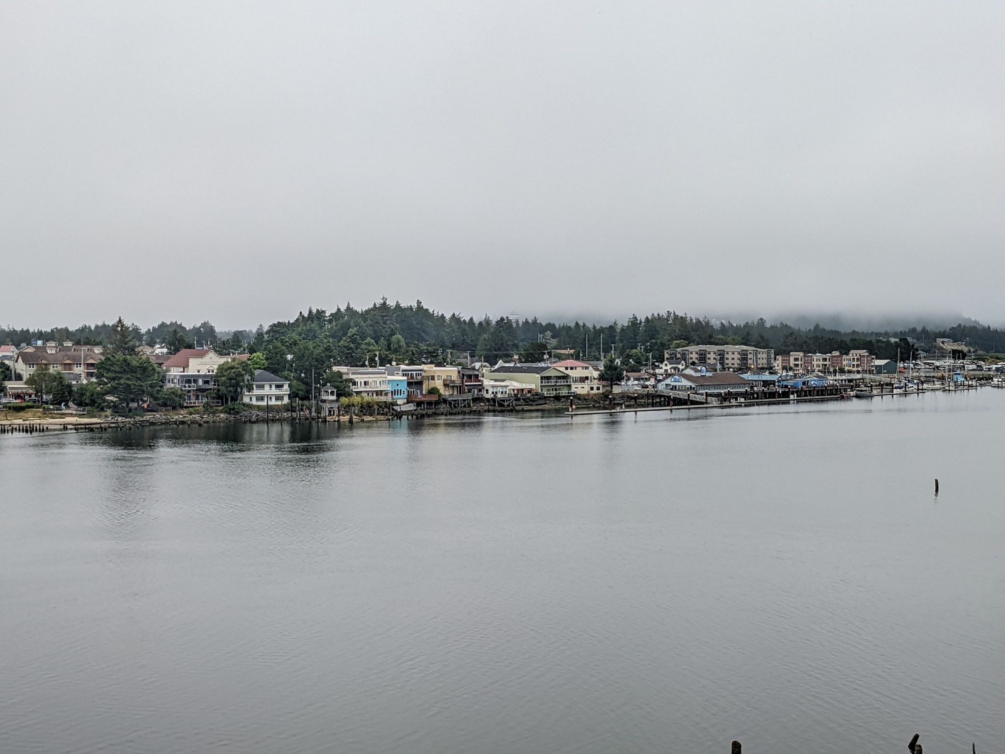 Overcast view of a town with buildings lining a wide river. - Jetty to Jetty loop