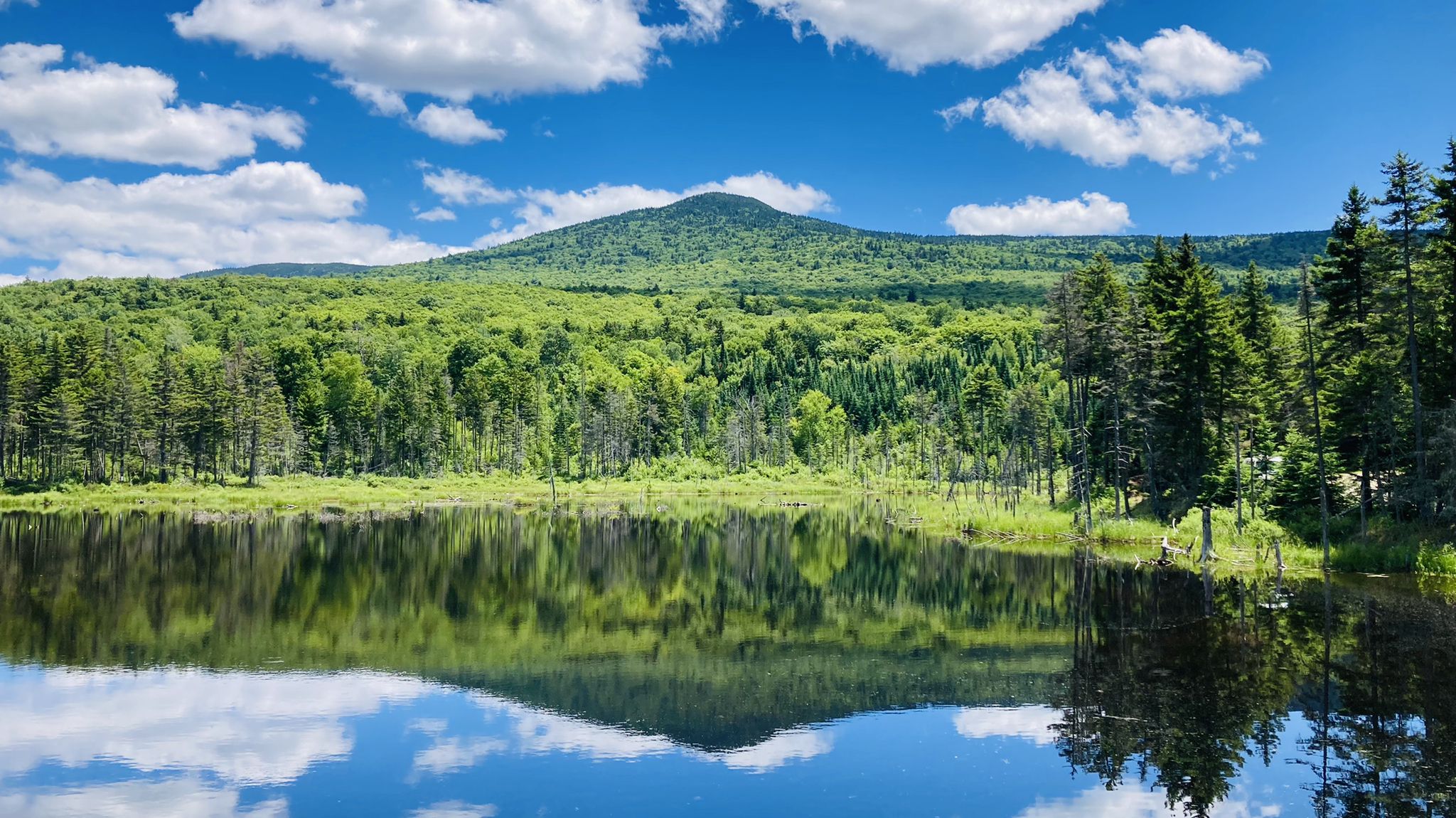 Calm lake reflecting green mountains and bright blue sky with white clouds. - Cherry Mountain Loop