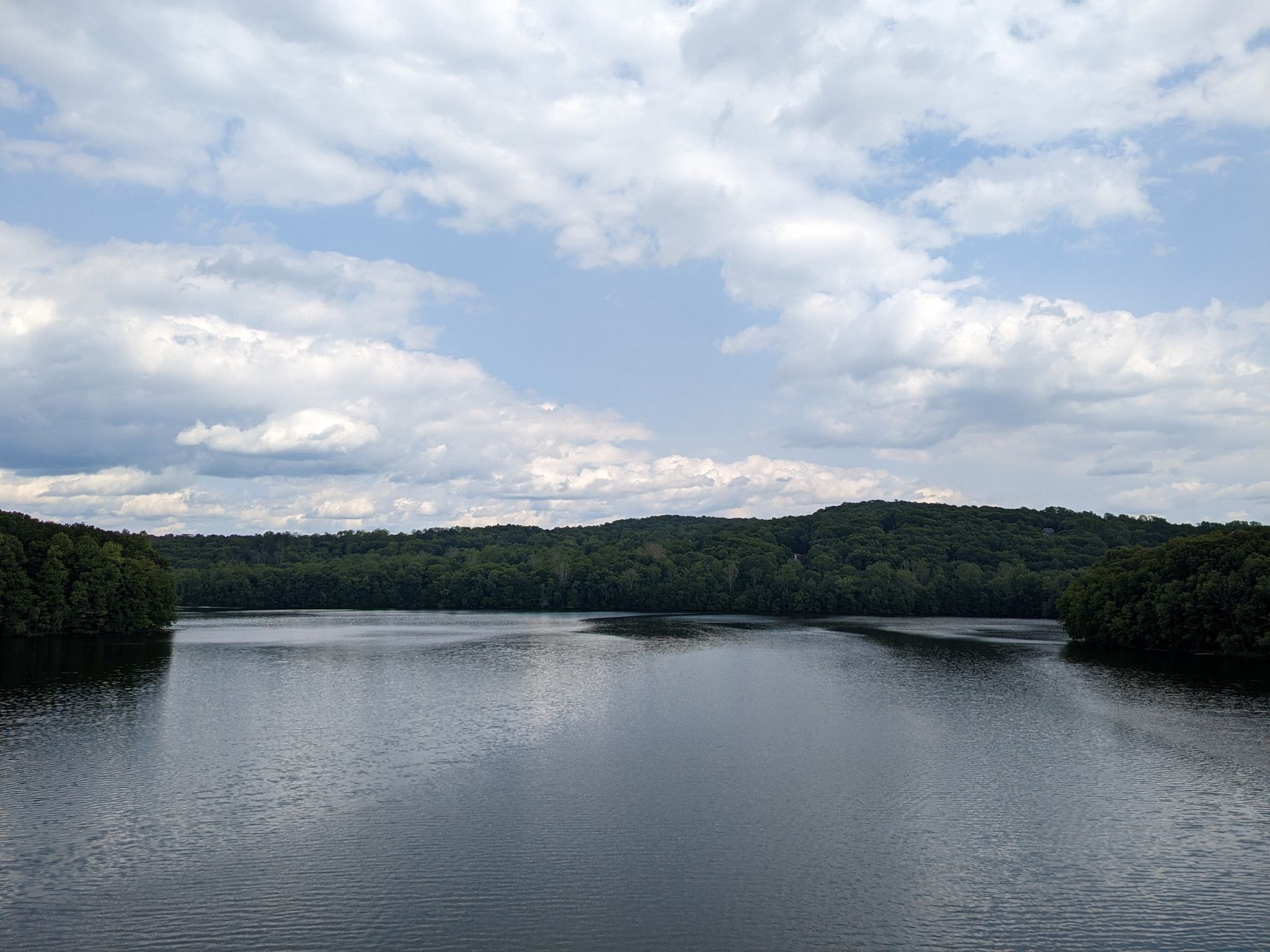 Calm lake surrounded by green forests under a partly cloudy sky. - North County Trailway – The Pine Bridge Monument loop from Irvington