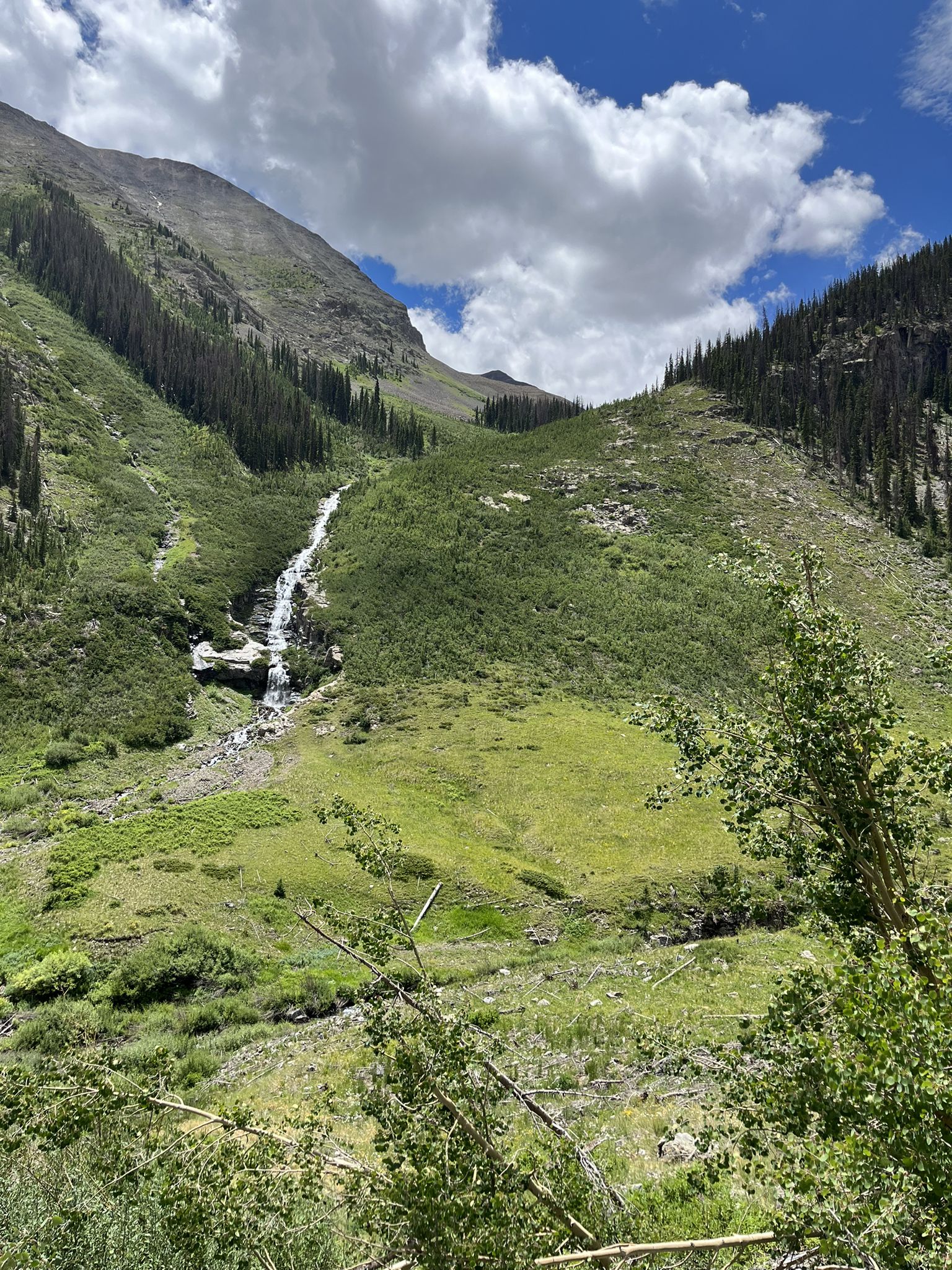 Waterfall flowing down a lush green mountain slope under a cloudy sky. - Engineer Pass Road