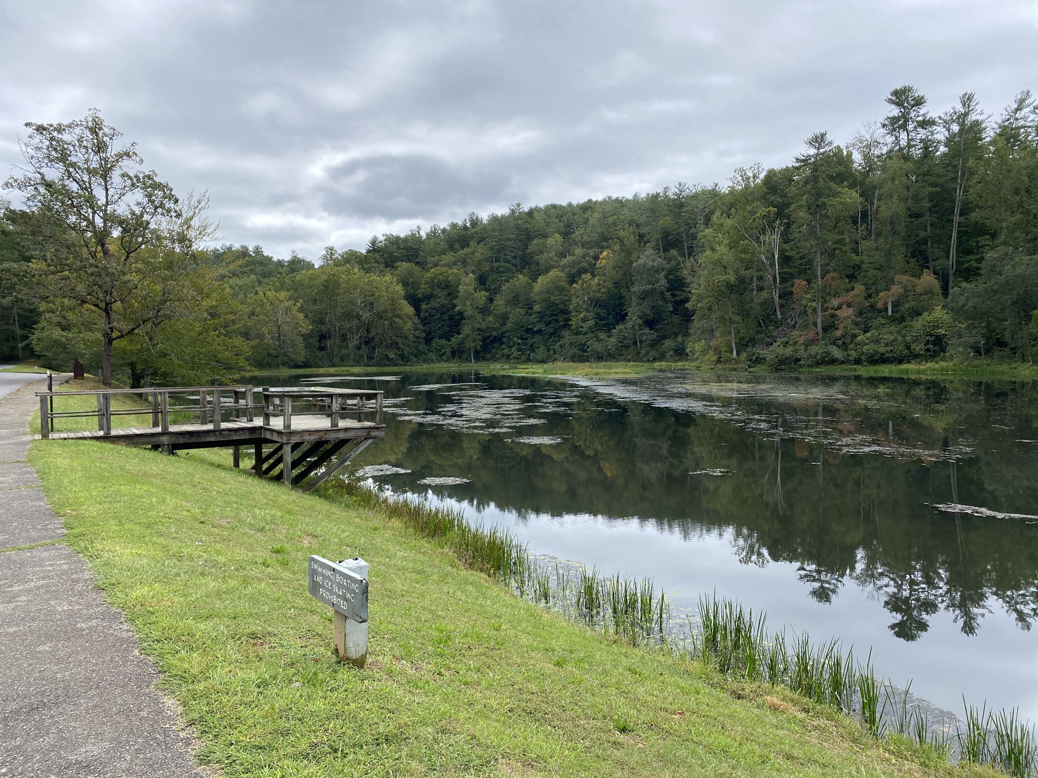 A wooden dock extends into a calm lake surrounded by green trees on a cloudy day. - Natural Bridge of Virginia – Caverns at Natural Bridge loop from The Pinnacle