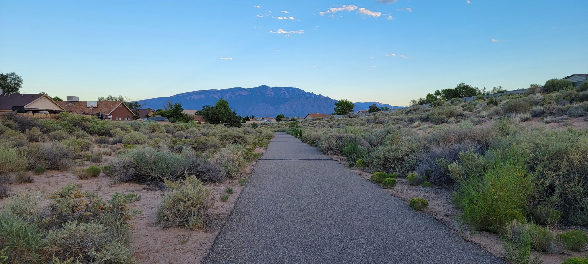 Paved path through desert scrubland towards distant mountains under a clear sky. - Enchanted Hills Trail
