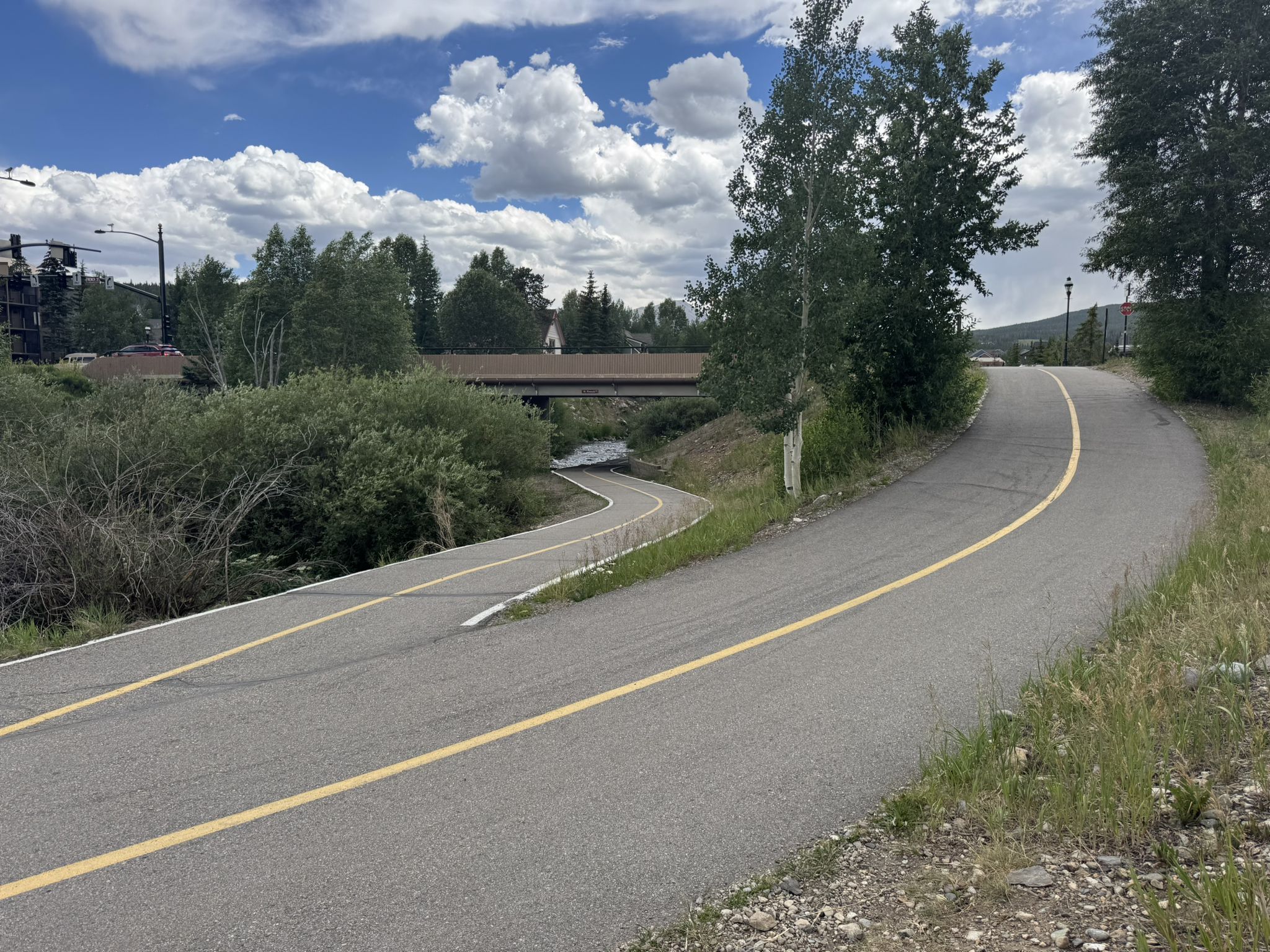 A paved path winds through green trees with a bridge in the distance. - Upper Blue Recpath