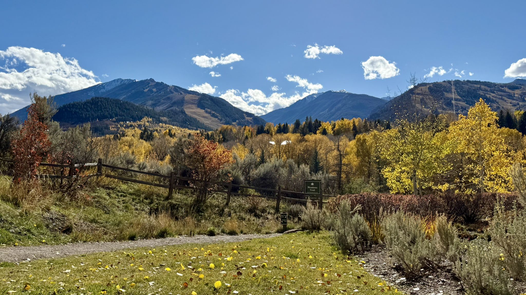 Sunny mountain landscape with vibrant autumn trees, a grassy field, and a wooden fence. - Aspen Meadows Loop