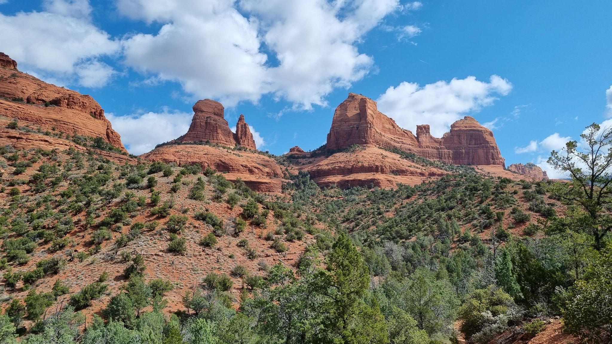 Multiple red rock formations and green desert plants under a blue, cloudy sky. - Munds Wagon Trail to Merry Go Round Rock