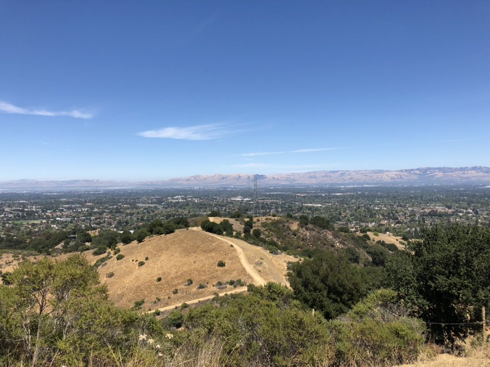 Sunny view of golden rolling hills with dirt paths overlooking a distant city. - Seven Springs Loop