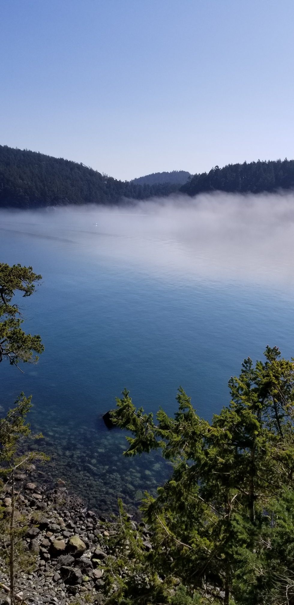 Clear blue water in foreground, with fog covering distant water and hills. - Rosario Head Trail