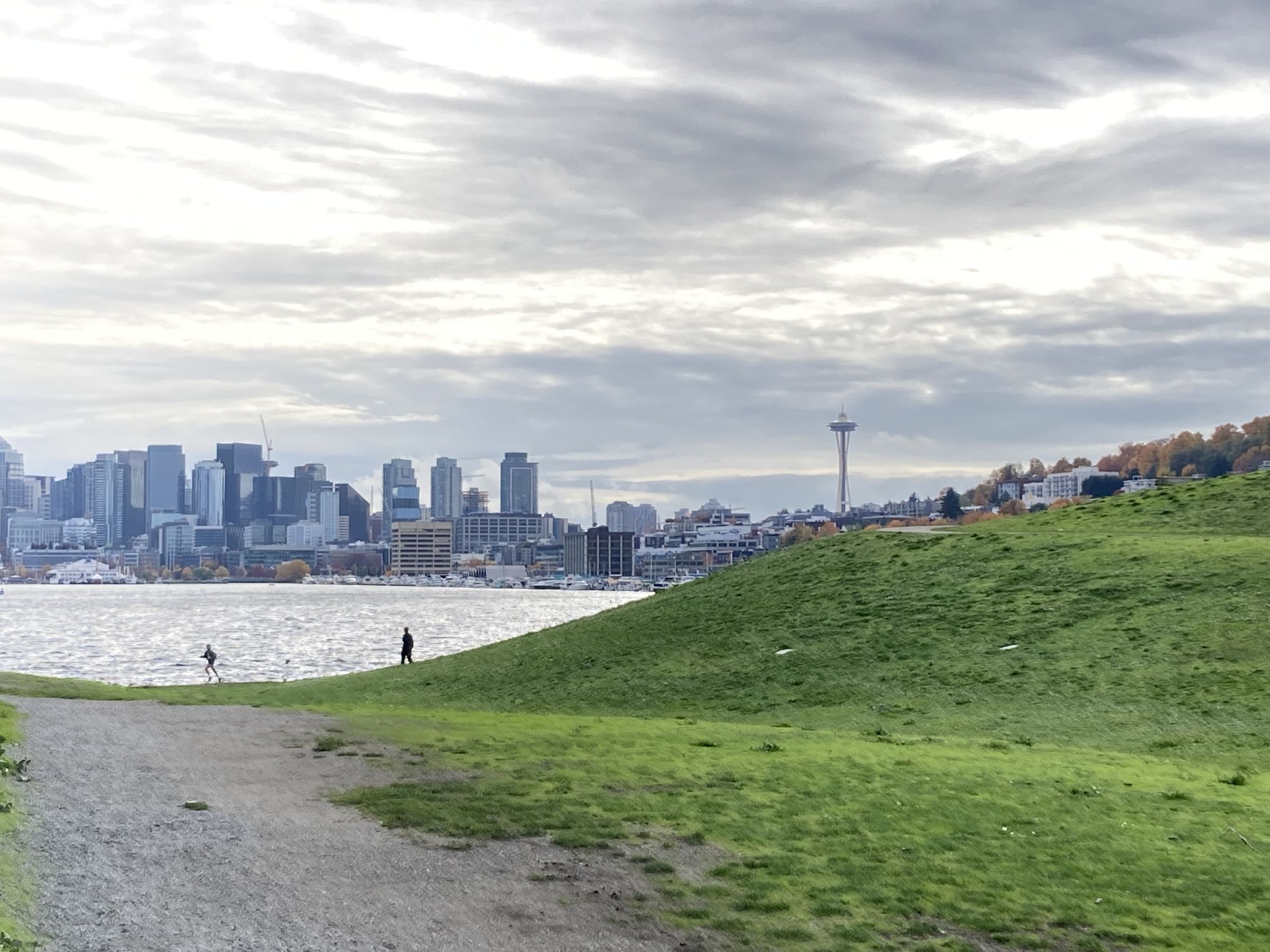 City skyline across water, with a grassy hill and two distant people. - Fremont Bridge – Gas Works Park loop from Ballard