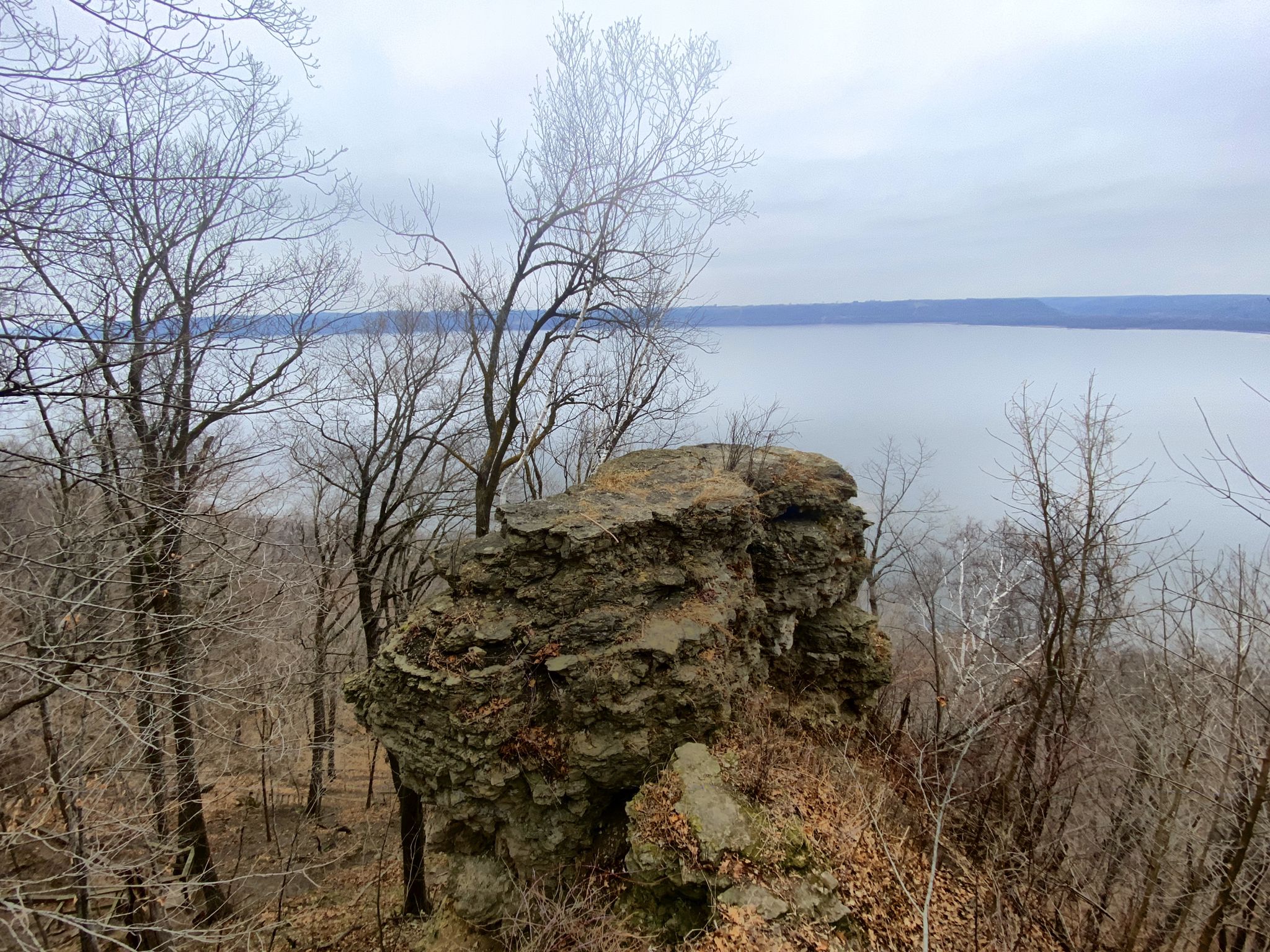 A rocky outcrop overlooks a wide body of water under a cloudy sky. - Bluffside Trail