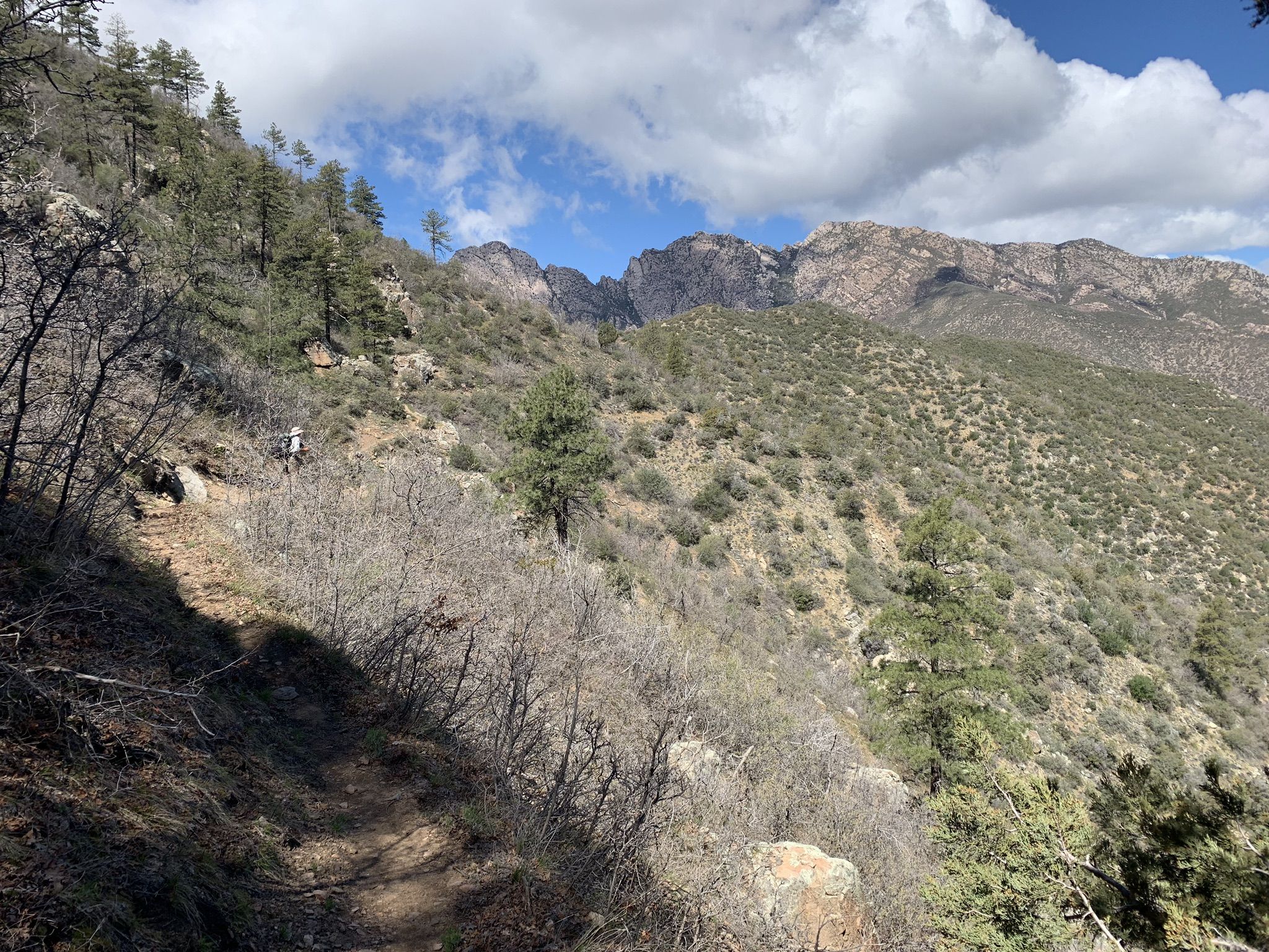 A hiker on a mountain trail with rugged peaks under a partly cloudy sky. - Four Peaks Trail to Arizona Trail