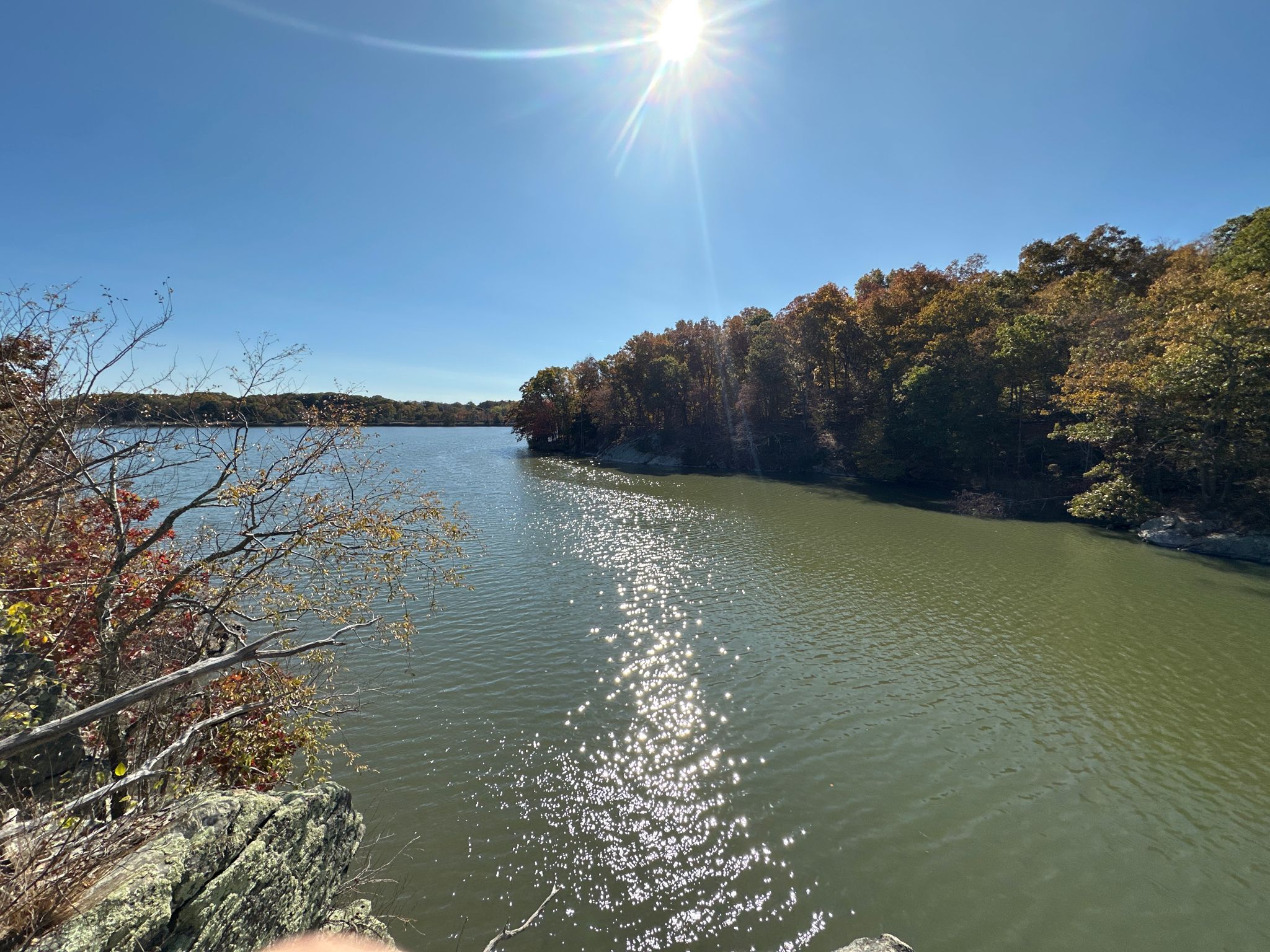 Bright sun over a wide river with tree-lined banks and rocky foreground. - Westwoods loop trail run