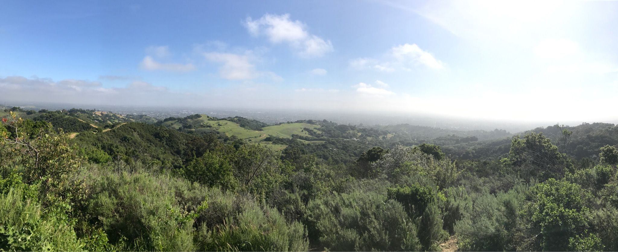 Panoramic view of green hills and valleys under a bright, partly cloudy sky. - Stevens Creek Reservoir – View from Maisie's Peak loop from Monta Vista High School