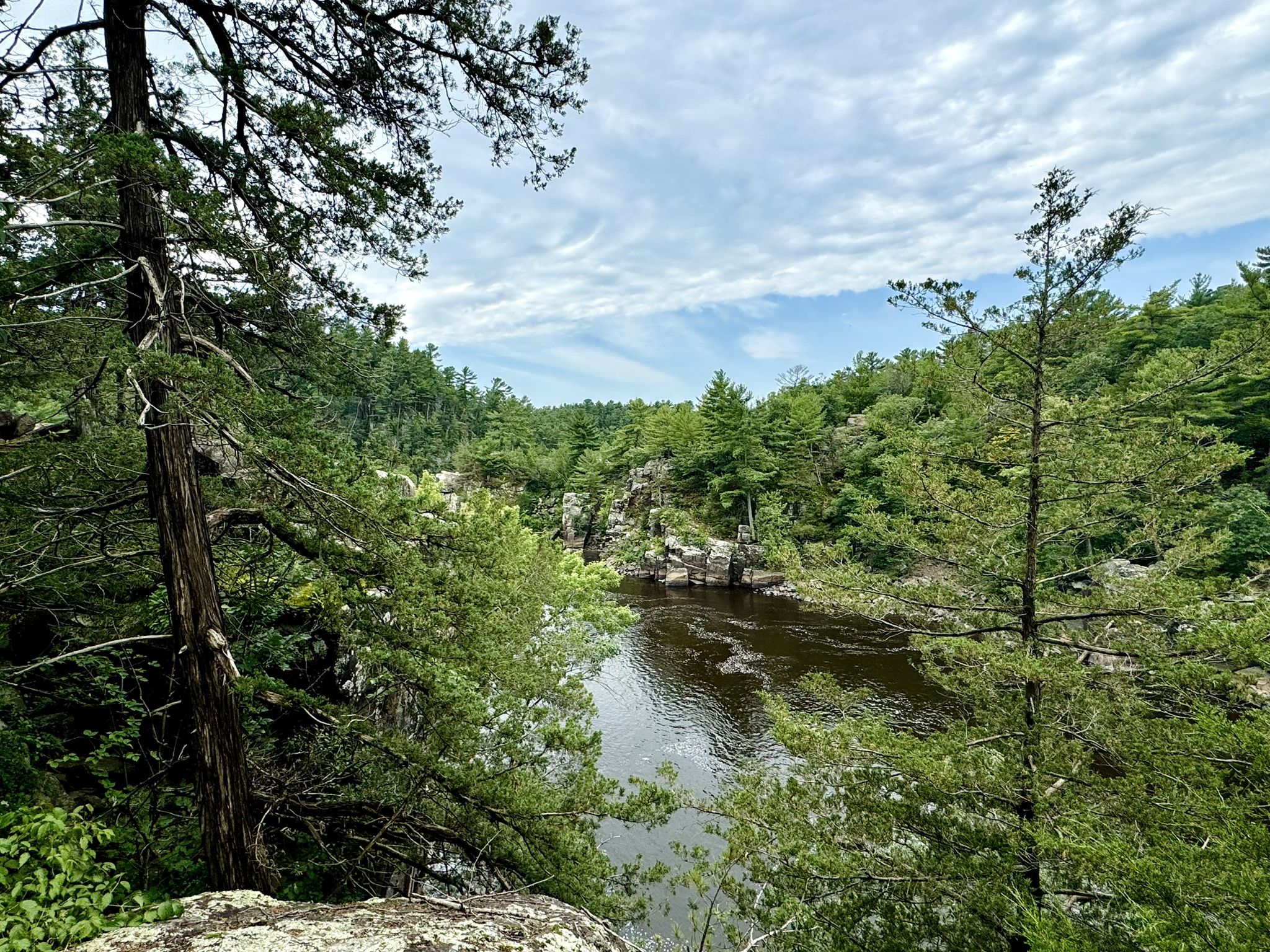 River flowing through a forested gorge under a cloudy sky. - Ray Zillmer Park loop from St. Croix Falls
