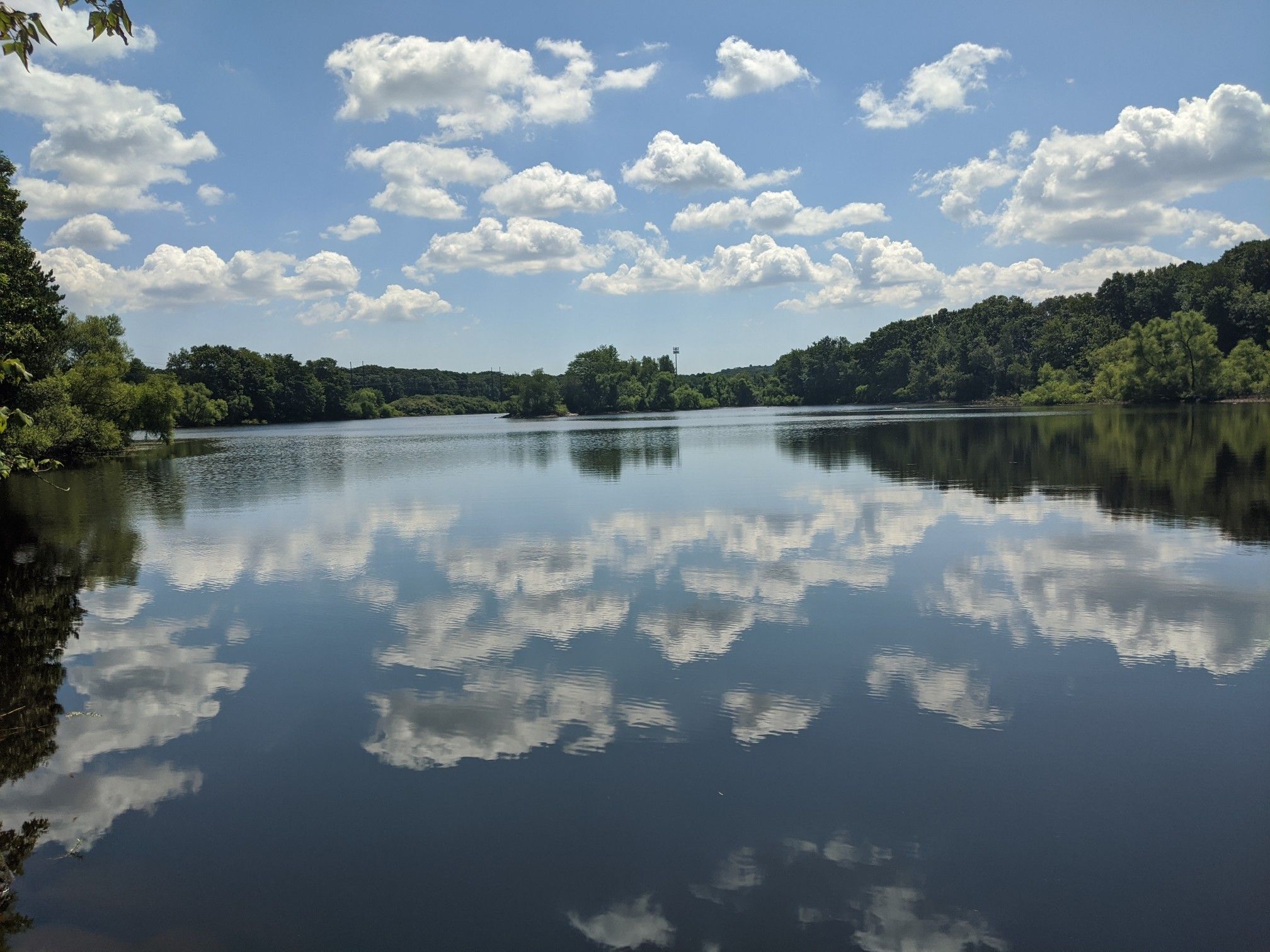 A wide lake reflecting a blue sky with fluffy white clouds. - Coburn Meadow – Concord Monument Square loop from Waverley