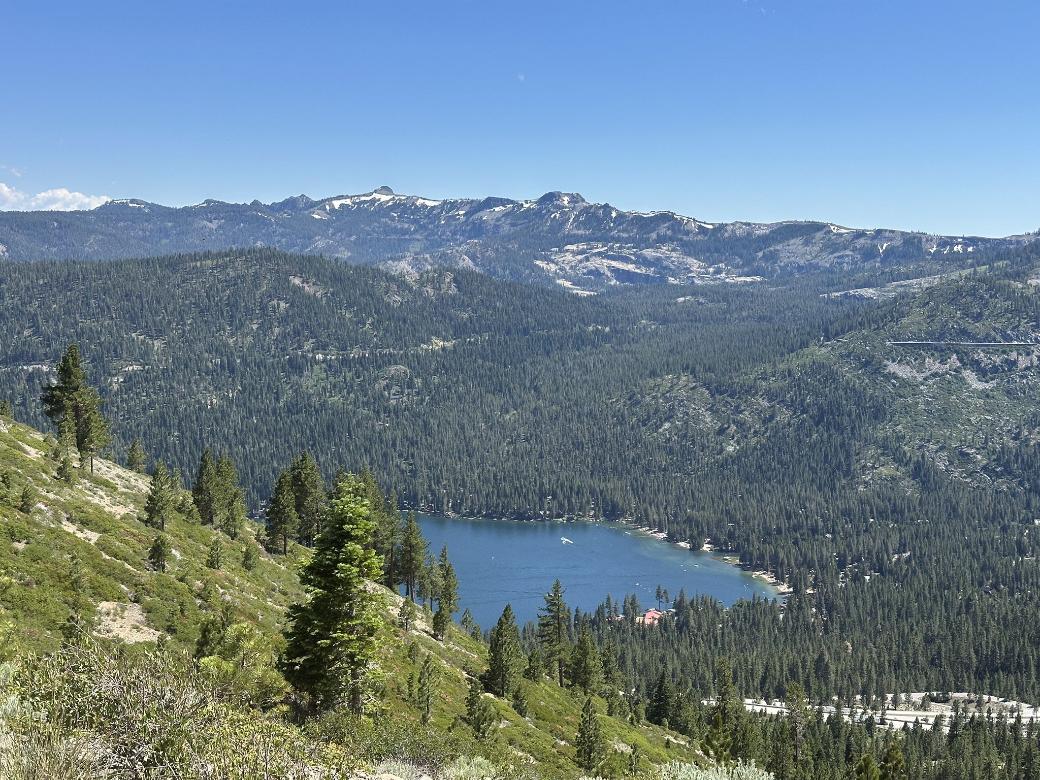 Bright, sunny view of a blue lake nestled in a dense pine forest. - Johnson Canyon Overlook via Glacier Way Trailhead