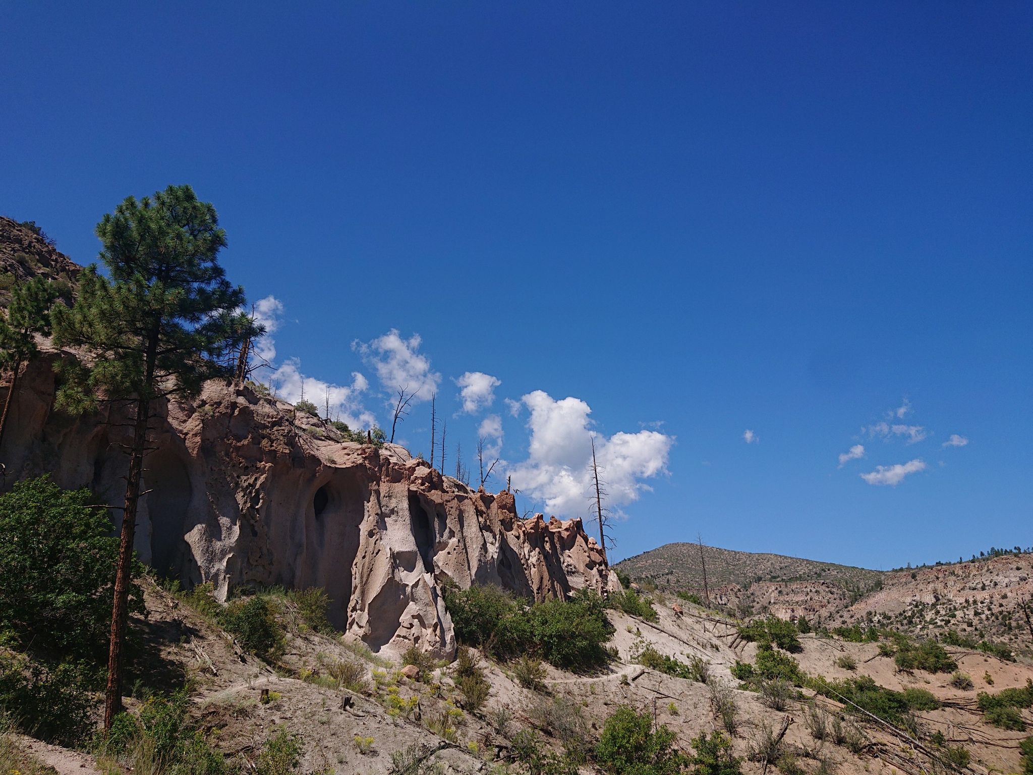 Rocky cliff with caves, green trees, and a bright blue sky with white clouds. - Guaje Mountain via Cabra Loop Trail