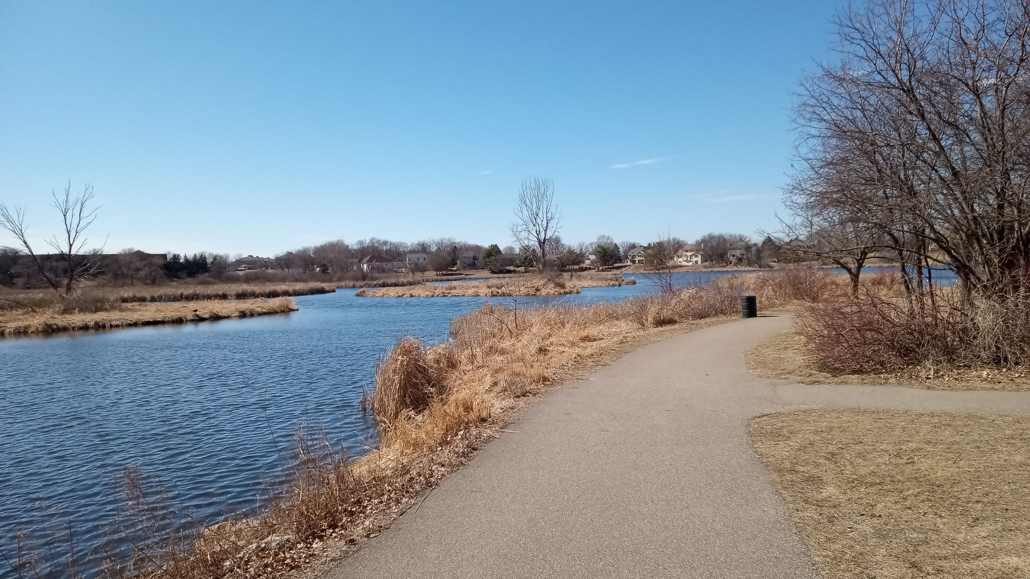 Paved path alongside a calm lake with dry reeds and distant bare trees. - Sunset Pond