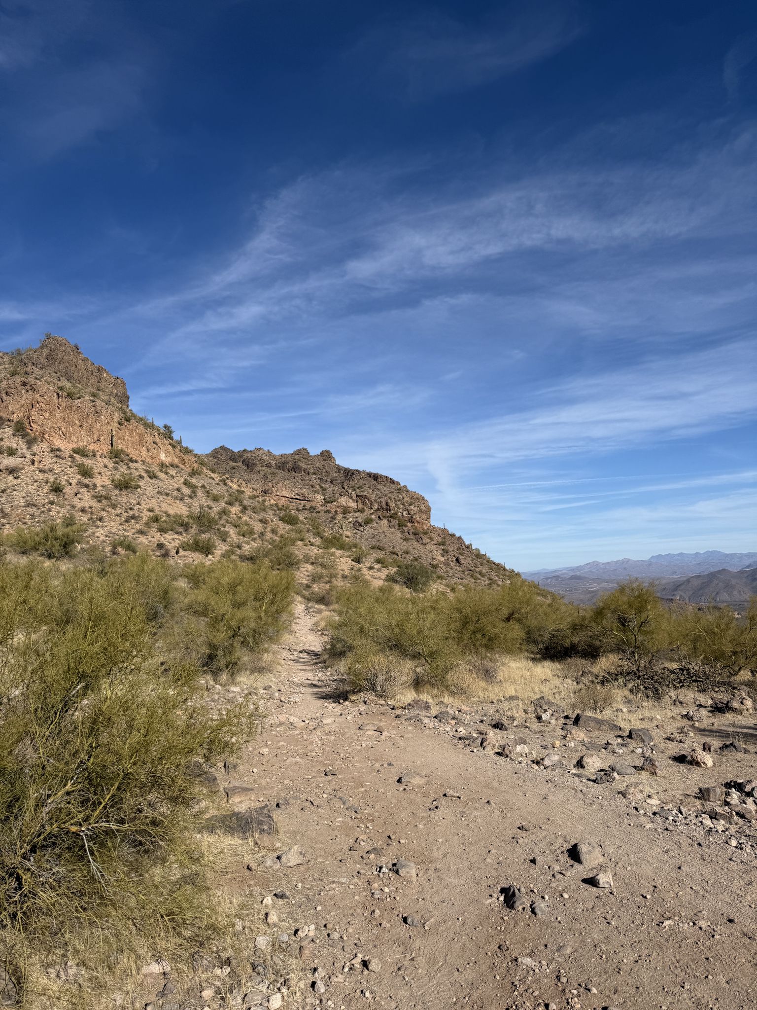A rocky dirt path winding through a desert landscape under a blue sky. - Pass Mountain Trail