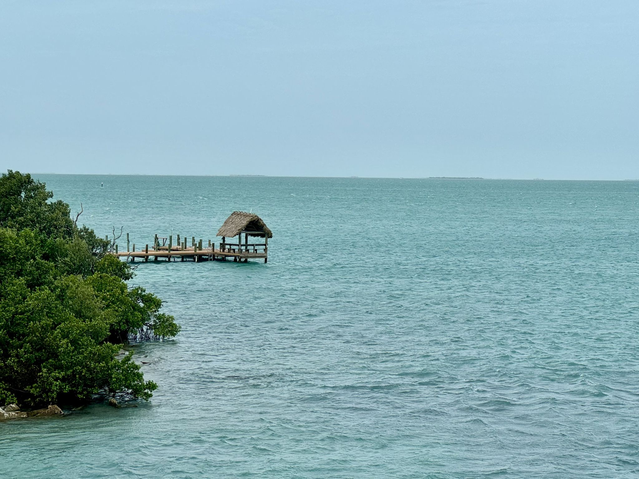 Wooden pier with thatched hut extends into calm blue-green sea, green foliage on shore. - Old 7 Mile Bridge