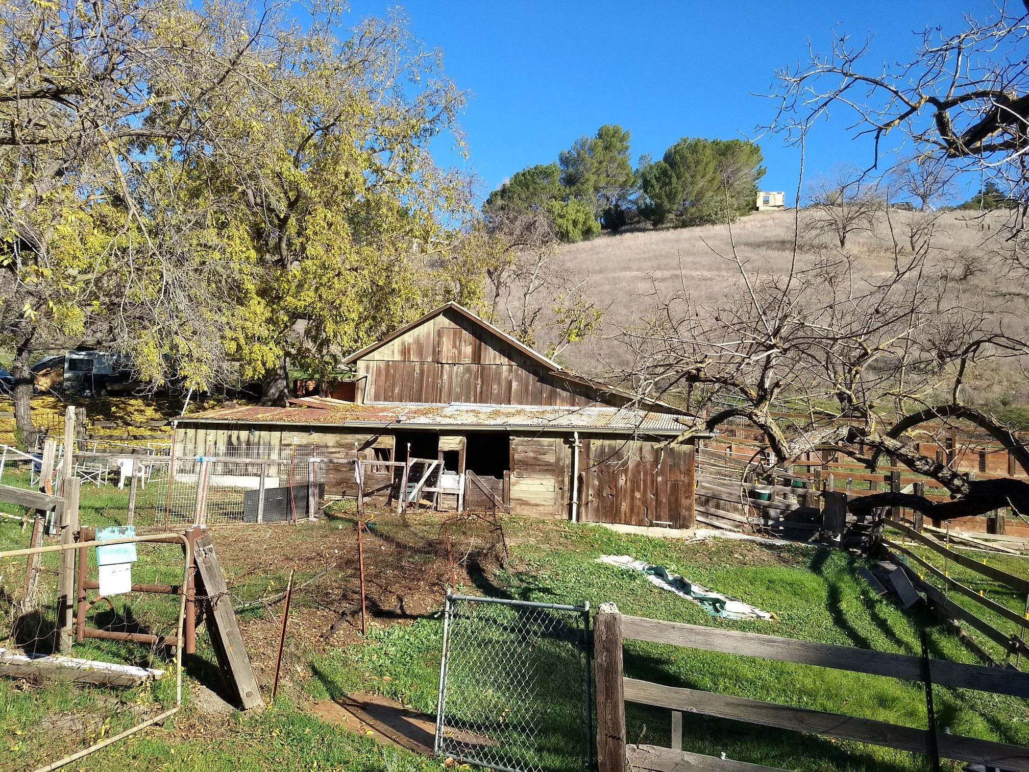 A weathered wooden barn surrounded by fences and trees on a sunny day. - Blossom Hill Park – Blossom Hill - Shannon Road loop from Cambrian Park