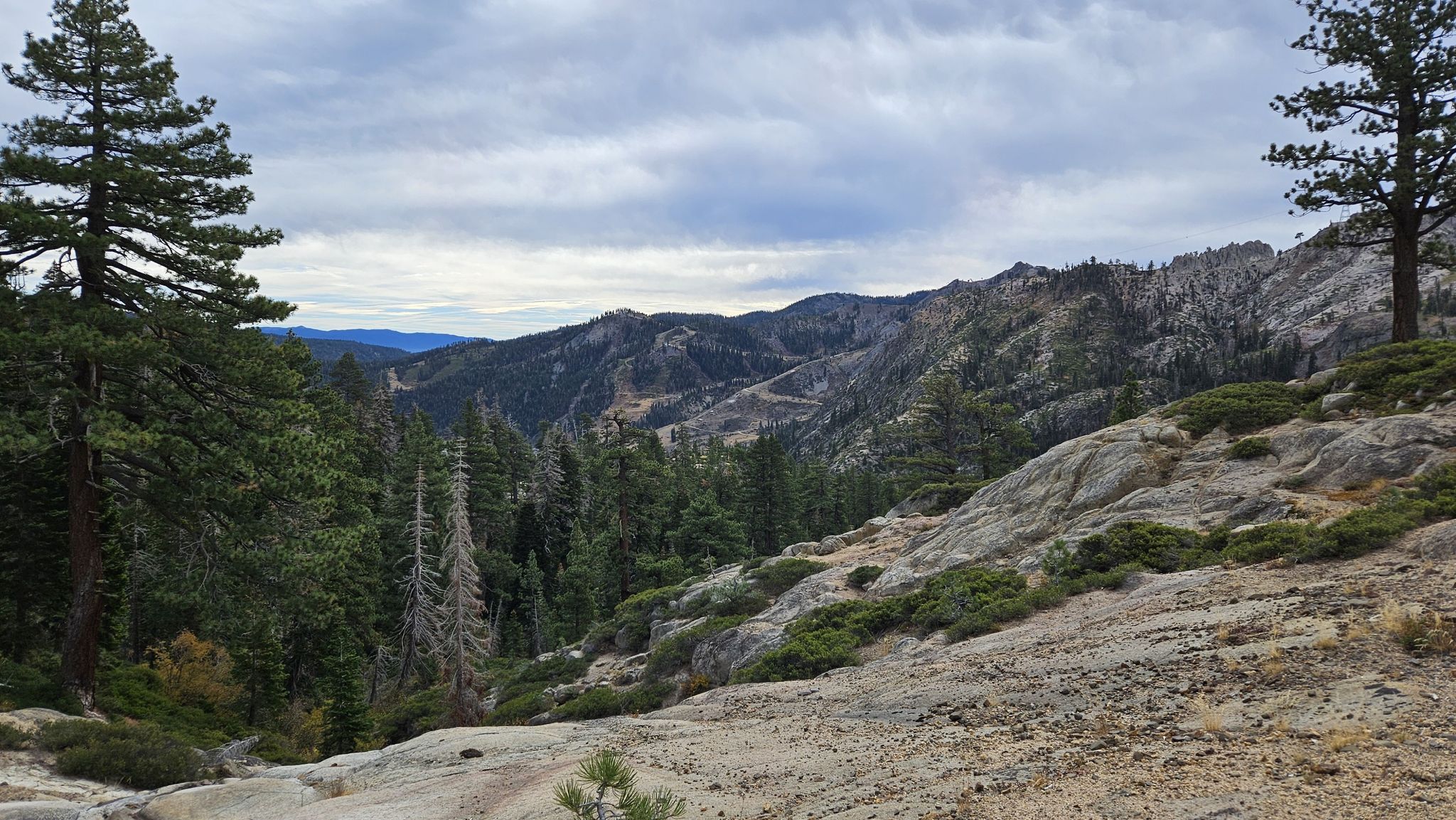 Pine trees and rocky slopes under a cloudy sky in a mountain landscape. - Donner Pass to Olympic Valley via the Pacific Crest Trail