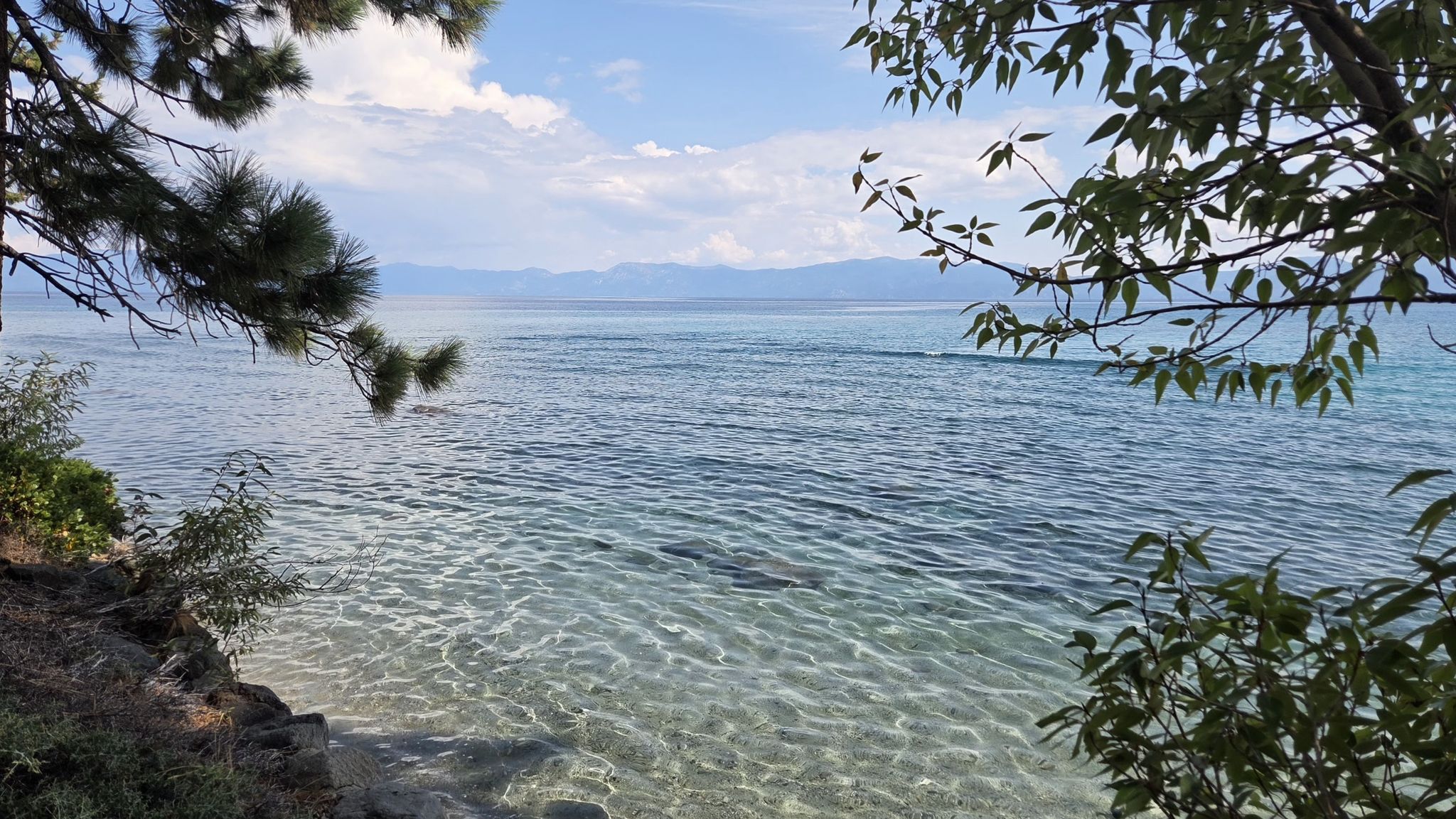 Clear blue water with visible rocks, framed by trees, under a partly cloudy sky. - Hellman-Ehrman Mansion – Sugar Pine Point Beach loop from Tahoma