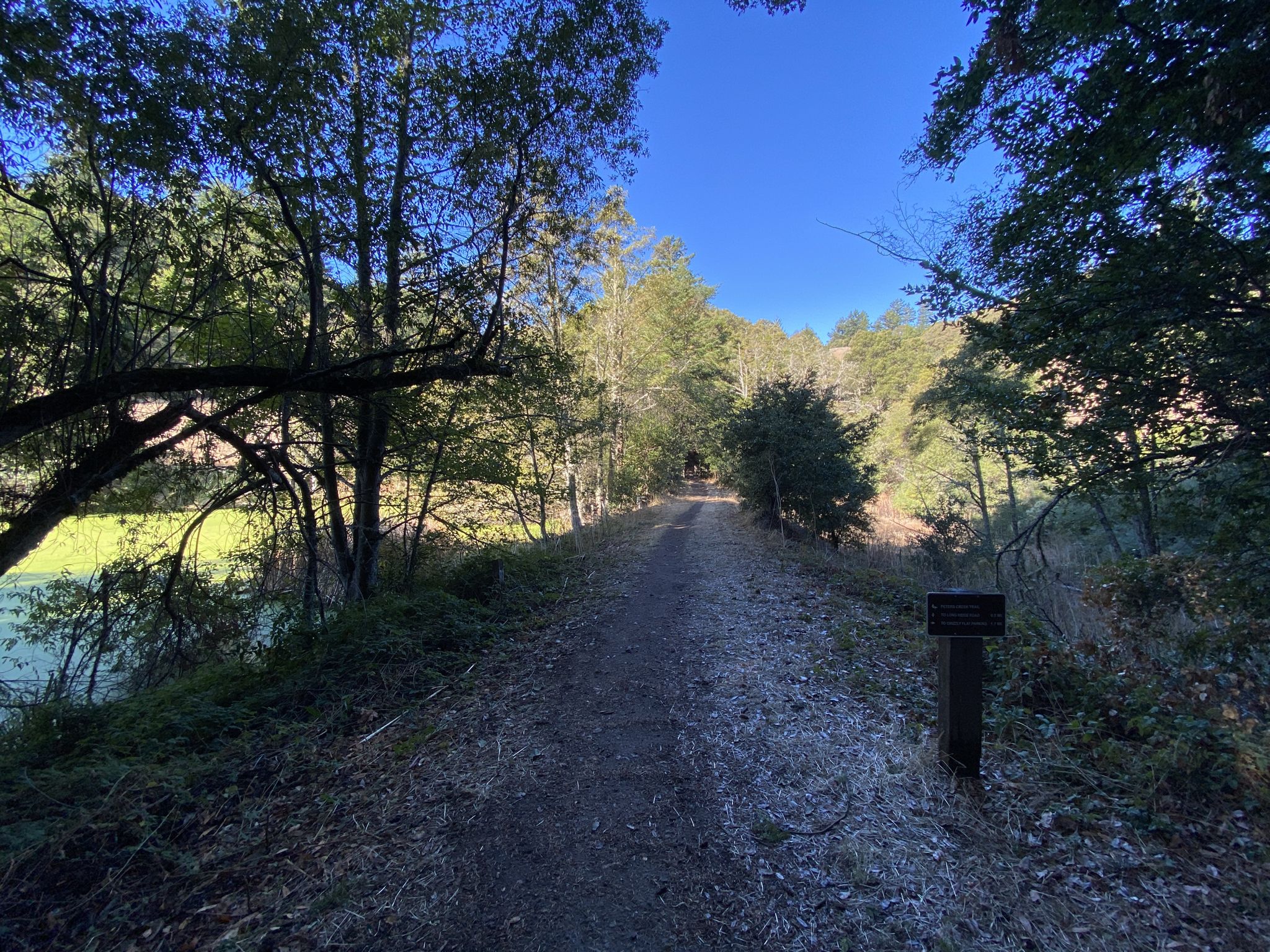 Shaded dirt trail through a forest with a signpost and water nearby. - Long Ridge Loop