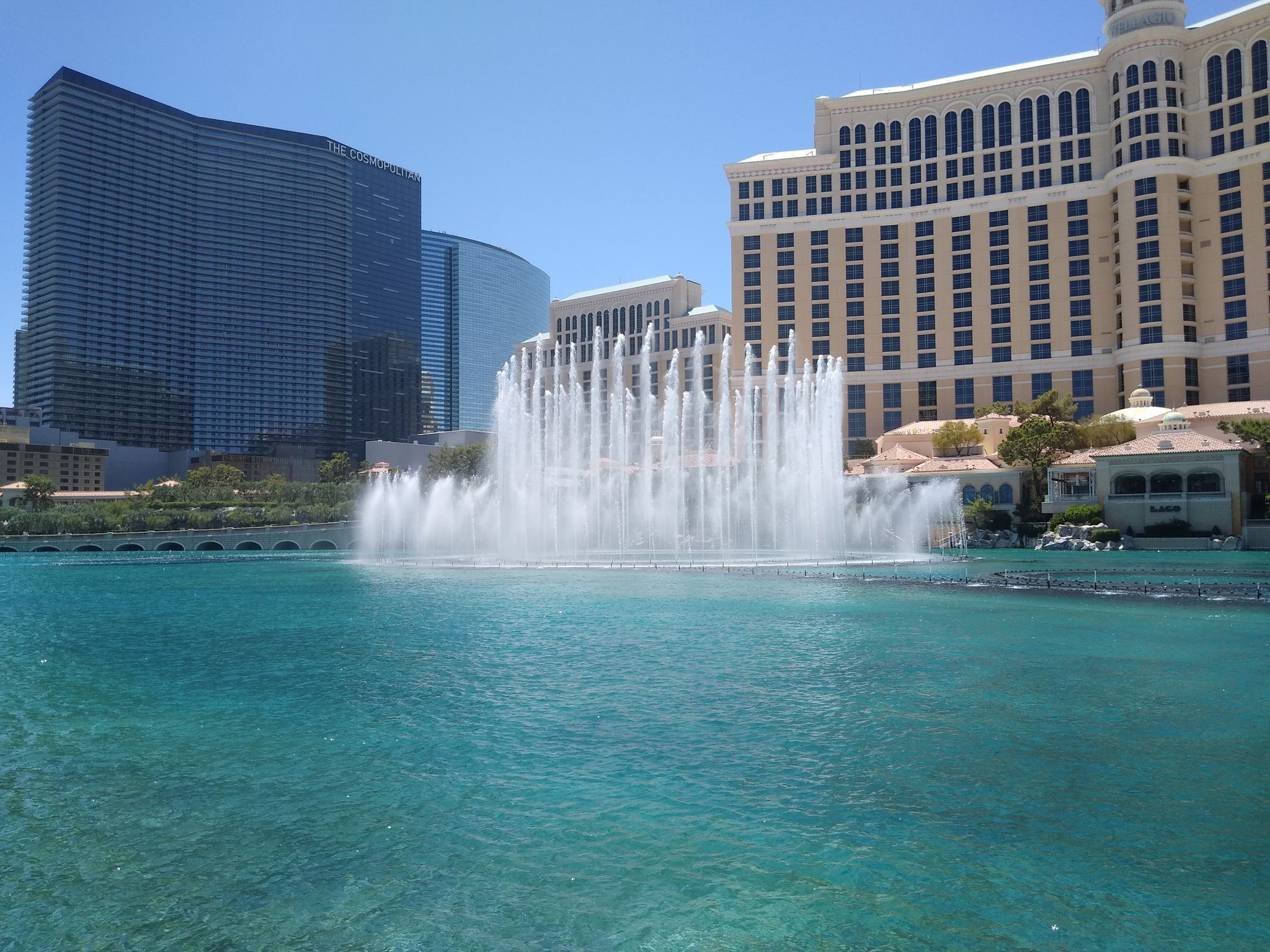 Powerful fountains spraying high in a lake, with tall buildings behind. - The Venetian Resort – Fountains of Bellagio loop from Las Vegas