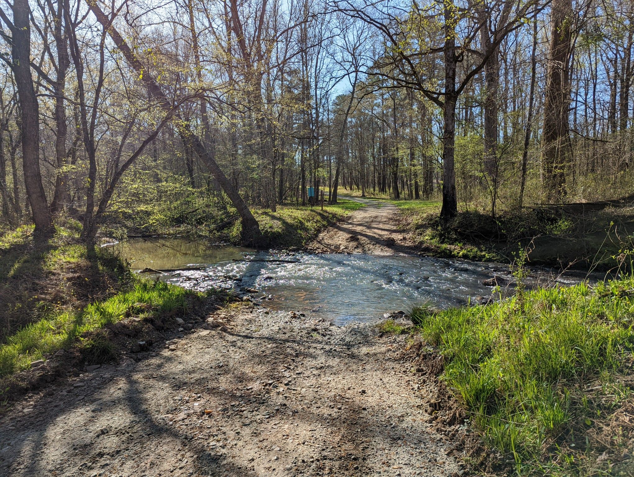 A dirt road crosses a shallow, sunlit stream in a wooded area. - The Whistle Stop Café loop from Juliette