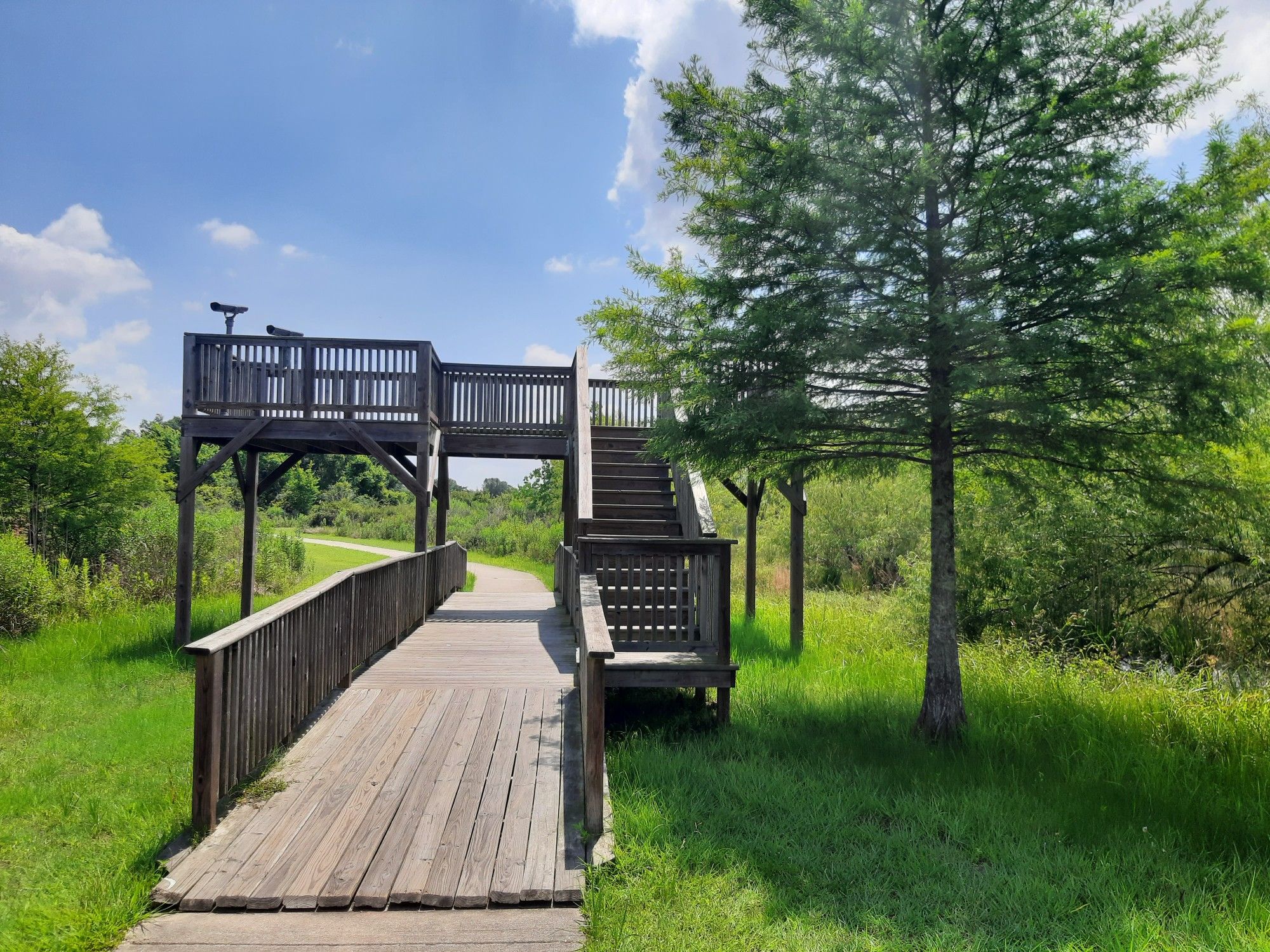 Wooden observation deck with stairs and ramp in a sunny, green landscape. - Shadow Creek Ranch Nature Trail