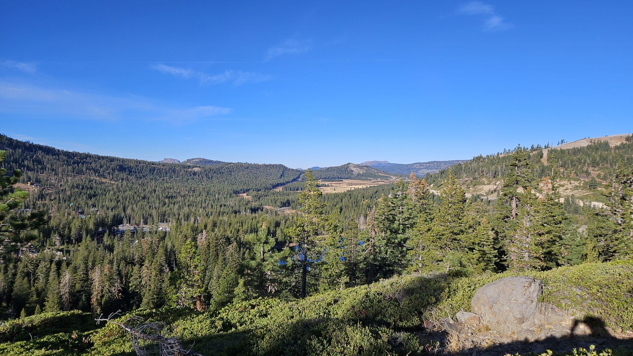 An expansive view of a dense green forest valley under a clear blue sky. - Mount Judah Loop Trail