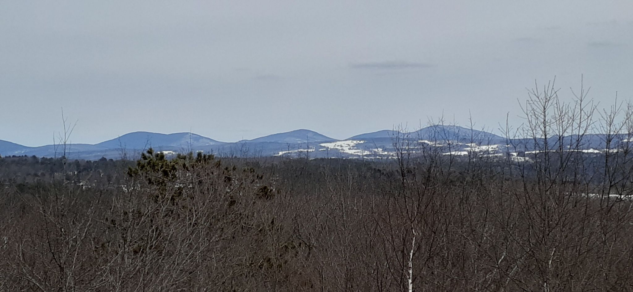 Distant, snow-dusted mountains rise above a bare winter forest under a hazy sky. - State House Trail